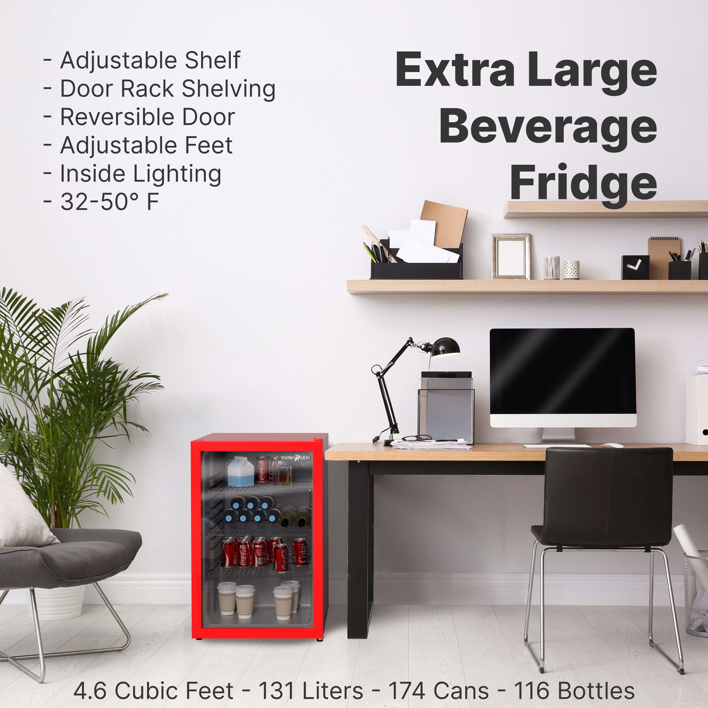 Refrigerador Mini de 4.6 pies cúbicos con Puerta de Cristal para Bebidas SnowLion Premium de 131L (Rojo) Listo para el Garaje OSFG022-RXL