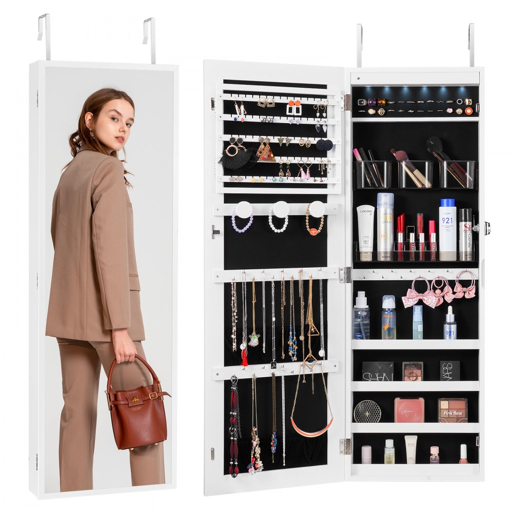 VEVOR Mirror Jewelry Cabinet 42.52in Lockable Wall or Door Mounted Armoire White - BGSZBSNJ1454973MUV9