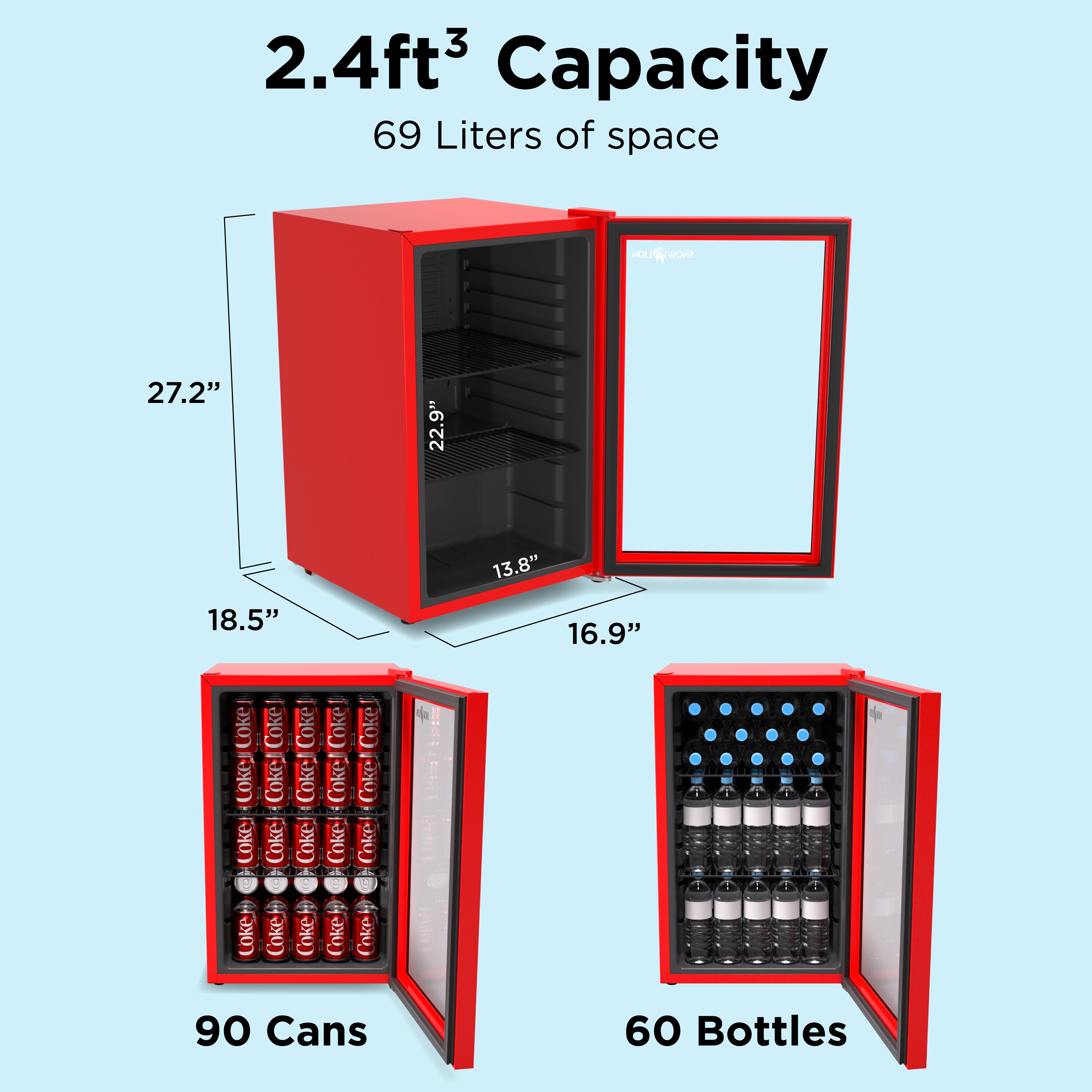 Refrigerador de Bebidas de Vidrio de 69 Litros SnowLion Premium 2.4 Pies Cúbicos ( Rojo ) Listo para el Garaje OSFG016-RL