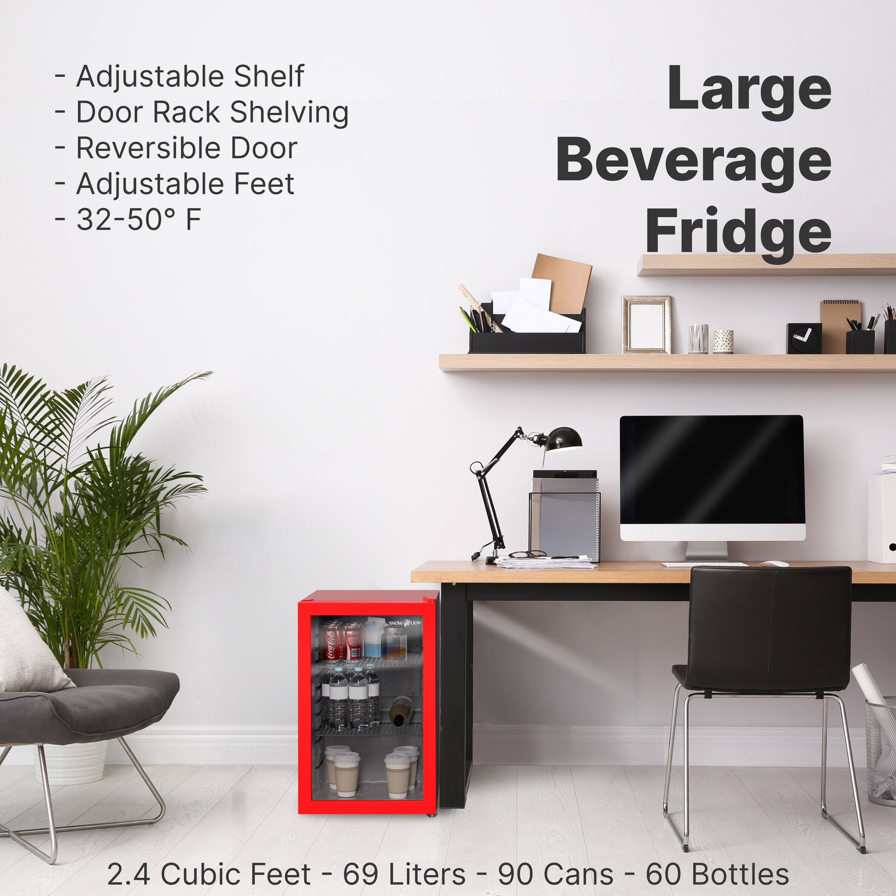 Refrigerador de Bebidas de Vidrio de 69 Litros SnowLion Premium 2.4 Pies Cúbicos ( Rojo ) Listo para el Garaje OSFG016-RL