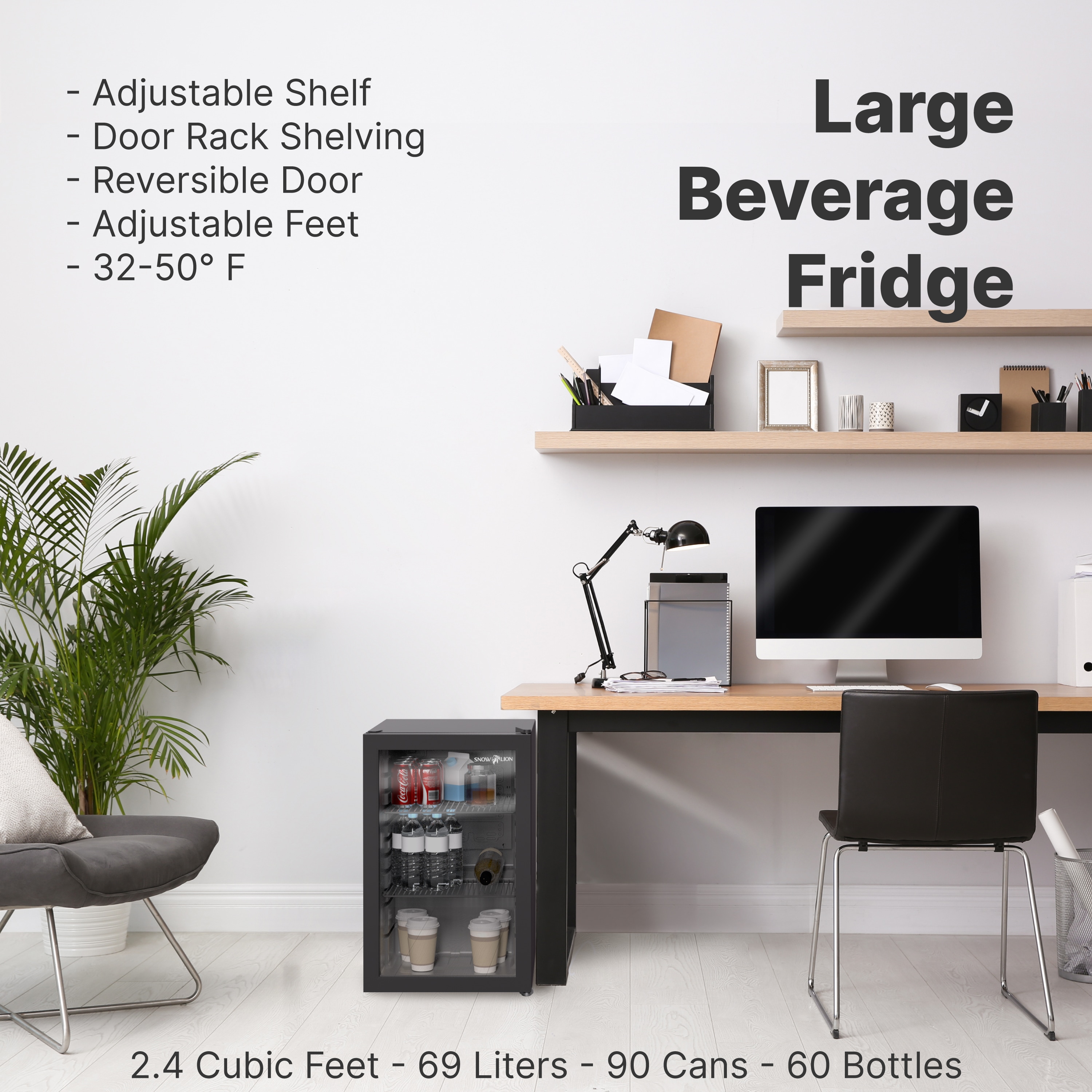 Refrigerador pequeño de 2.4 pies cúbicos con puerta de vidrio para bebidas Premium SnowLion de 69L (negro) listo para el garage OSFG017-BL
