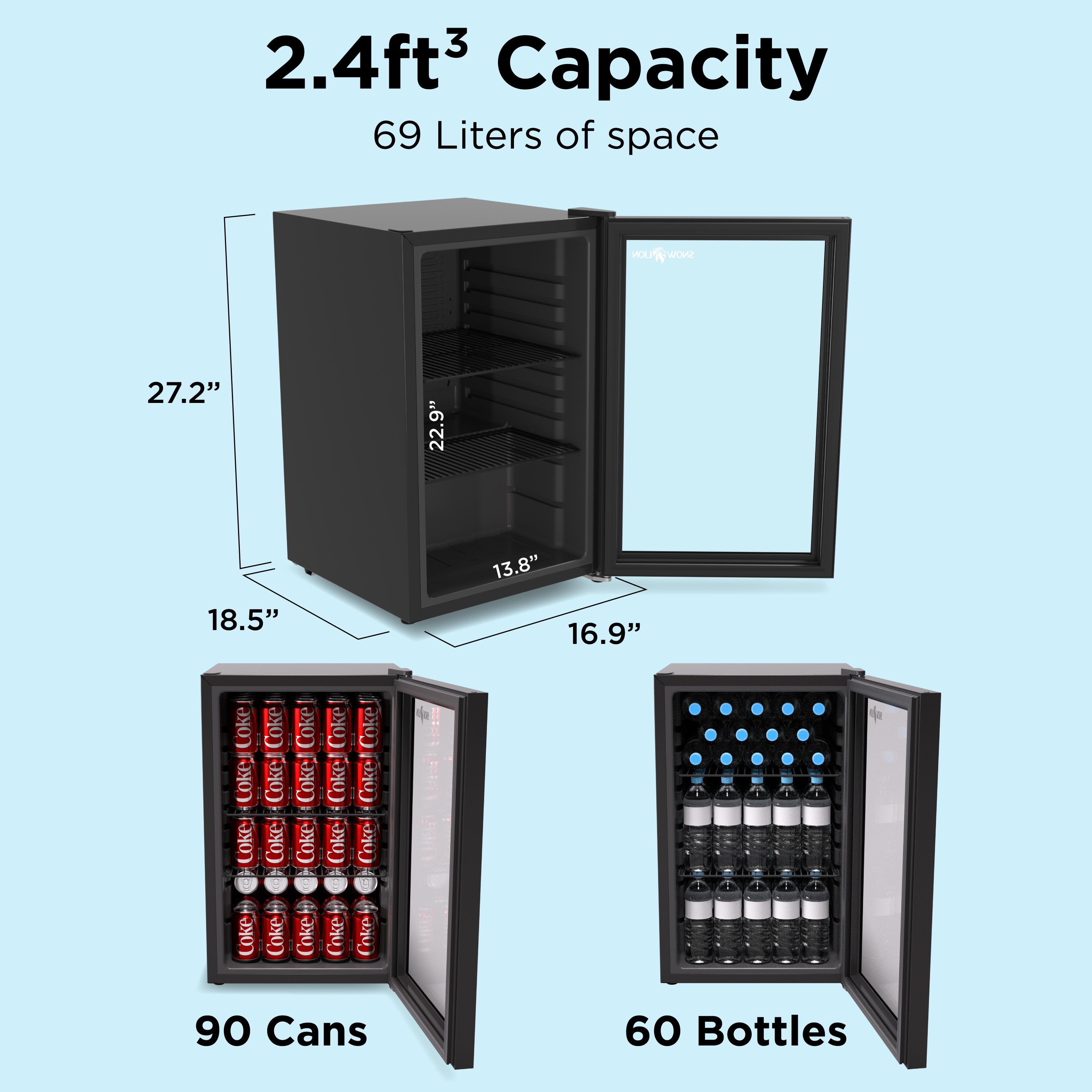 Refrigerador pequeño de 2.4 pies cúbicos con puerta de vidrio para bebidas Premium SnowLion de 69L (negro) listo para el garage OSFG017-BL