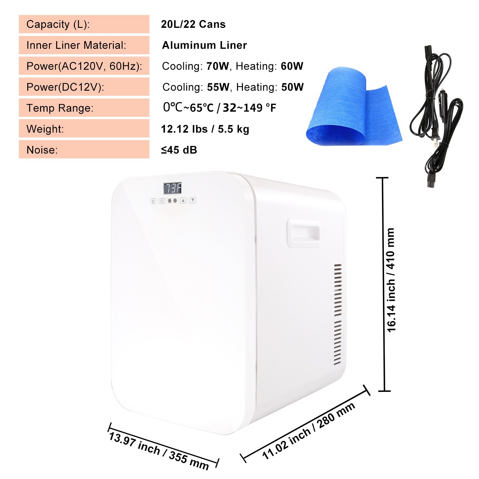 Refrigerador Mini Digital de 20 L y 12 V con Congelador 0.706 Pies Cúbicos (Forrado en Aluminio Blanco) Listo para Garaje