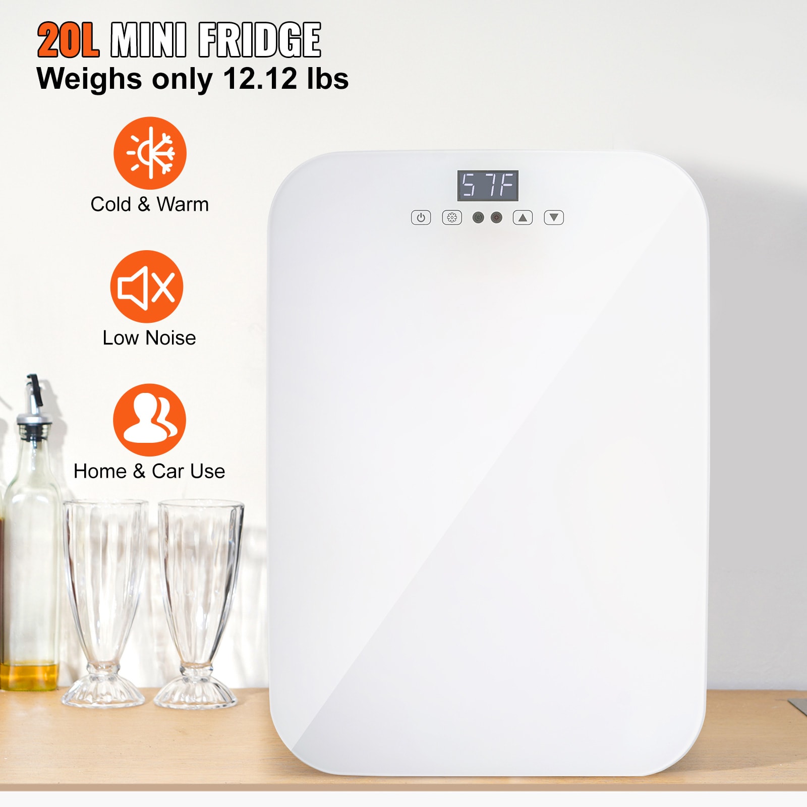 Refrigerador Mini Digital de 20 L y 12 V con Congelador 0.706 Pies Cúbicos (Forrado en Aluminio Blanco) Listo para Garaje