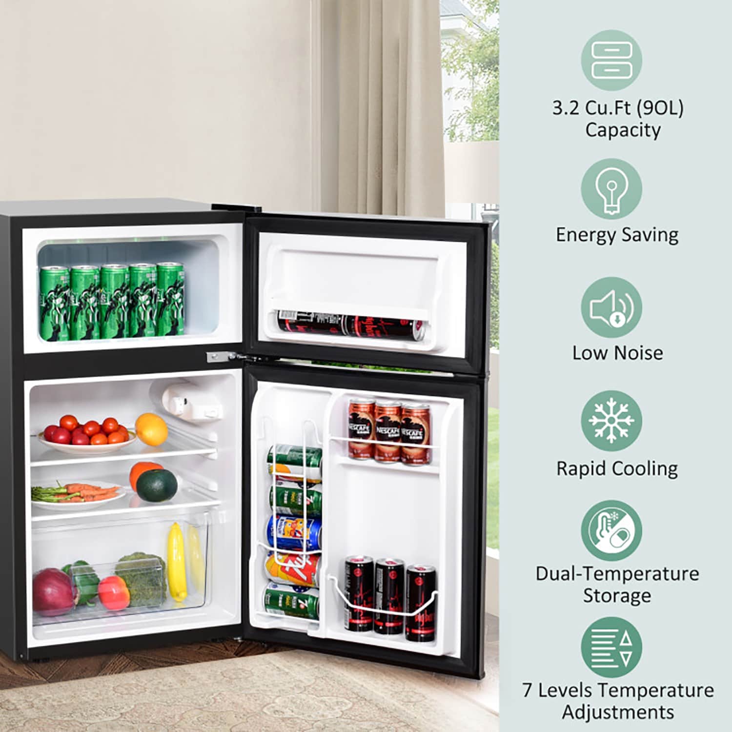 Refrigerador Compacto de Acero Inoxidable de 3.2 pies cúbicos con Congelador (Negro)