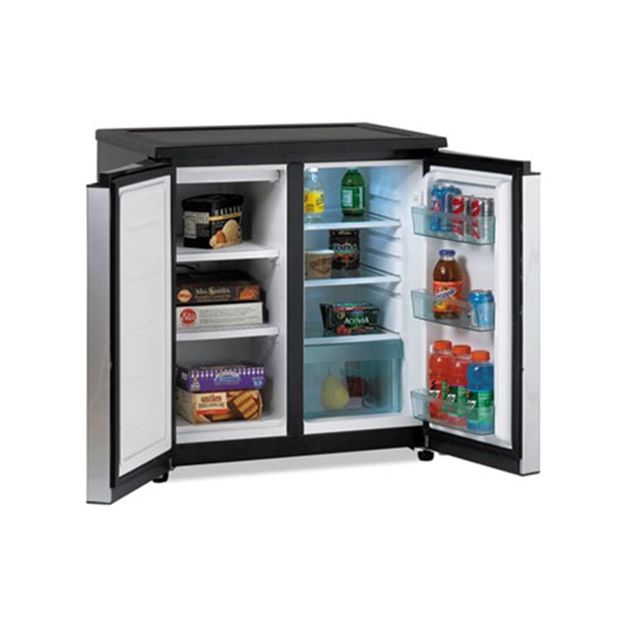 Refrigerador pequeño de 5.5 pies cúbicos con congelador (Gabinete negro con puertas plateadas)