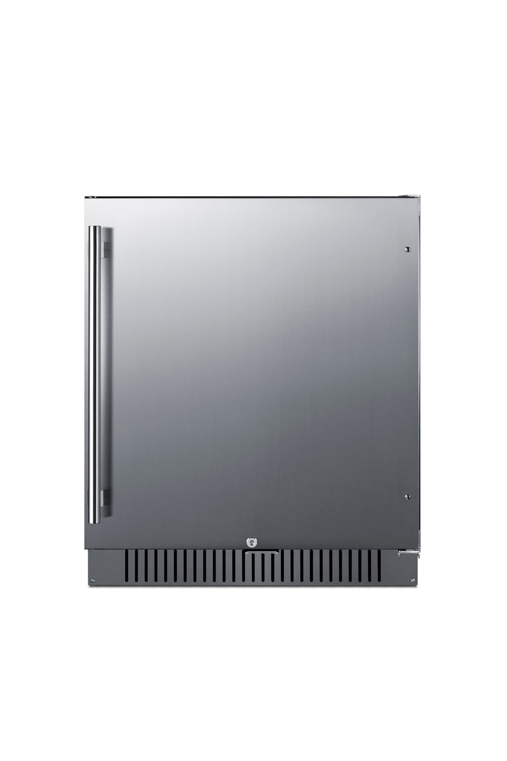 Refrigerador empotrado de 4.98 pies cúbicos (puerta de acero inoxidable y gabinete negro) listo para el garaje FF27BSSADA de Summit Appliance.