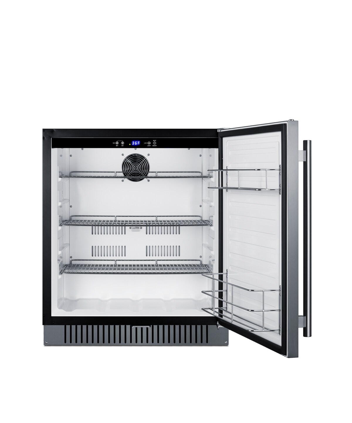 Refrigerador empotrado de 4.98 pies cúbicos (puerta de acero inoxidable y gabinete negro) listo para el garaje FF27BSSADA de Summit Appliance.