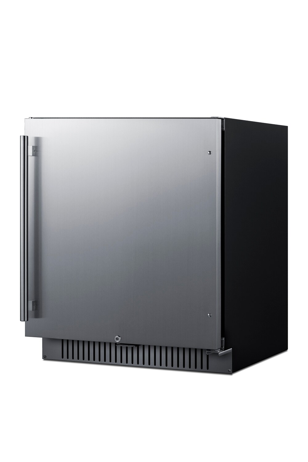 Refrigerador empotrado de 4.98 pies cúbicos (puerta de acero inoxidable y gabinete negro) listo para el garaje FF27BSSADA de Summit Appliance.