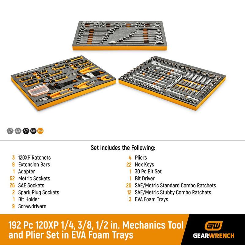 Juego de llaves y herramientas para mecánicos GEARWRENCH 120 XP de 1/4 pulgadas, 3/8 pulgadas, 1/2 pulgadas en charolas de espuma EVA (192 piezas) - 82998983071CB