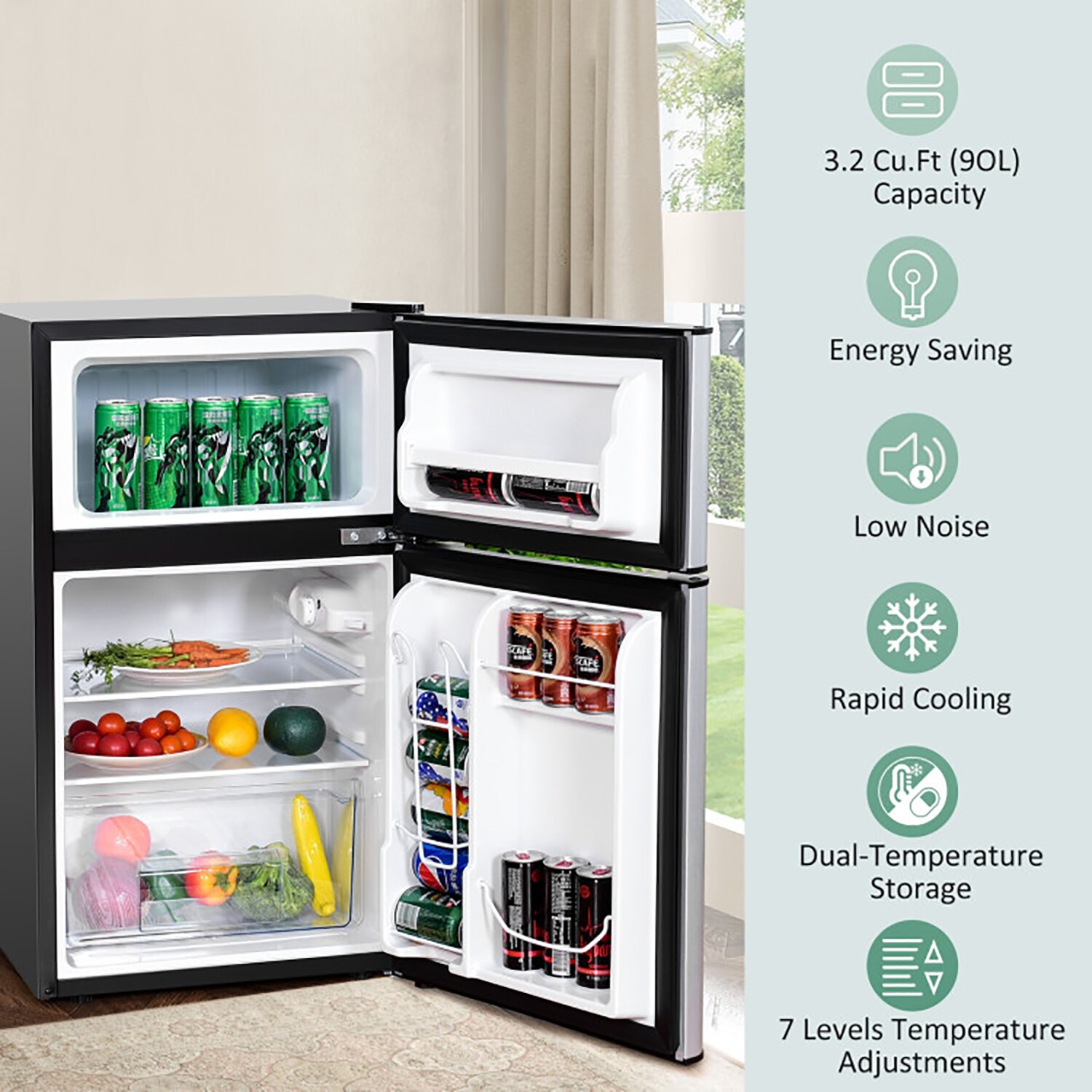 Refrigerador Compacto de Acero Inoxidable de 3.2 pies cúbicos con Congelador (Gris)