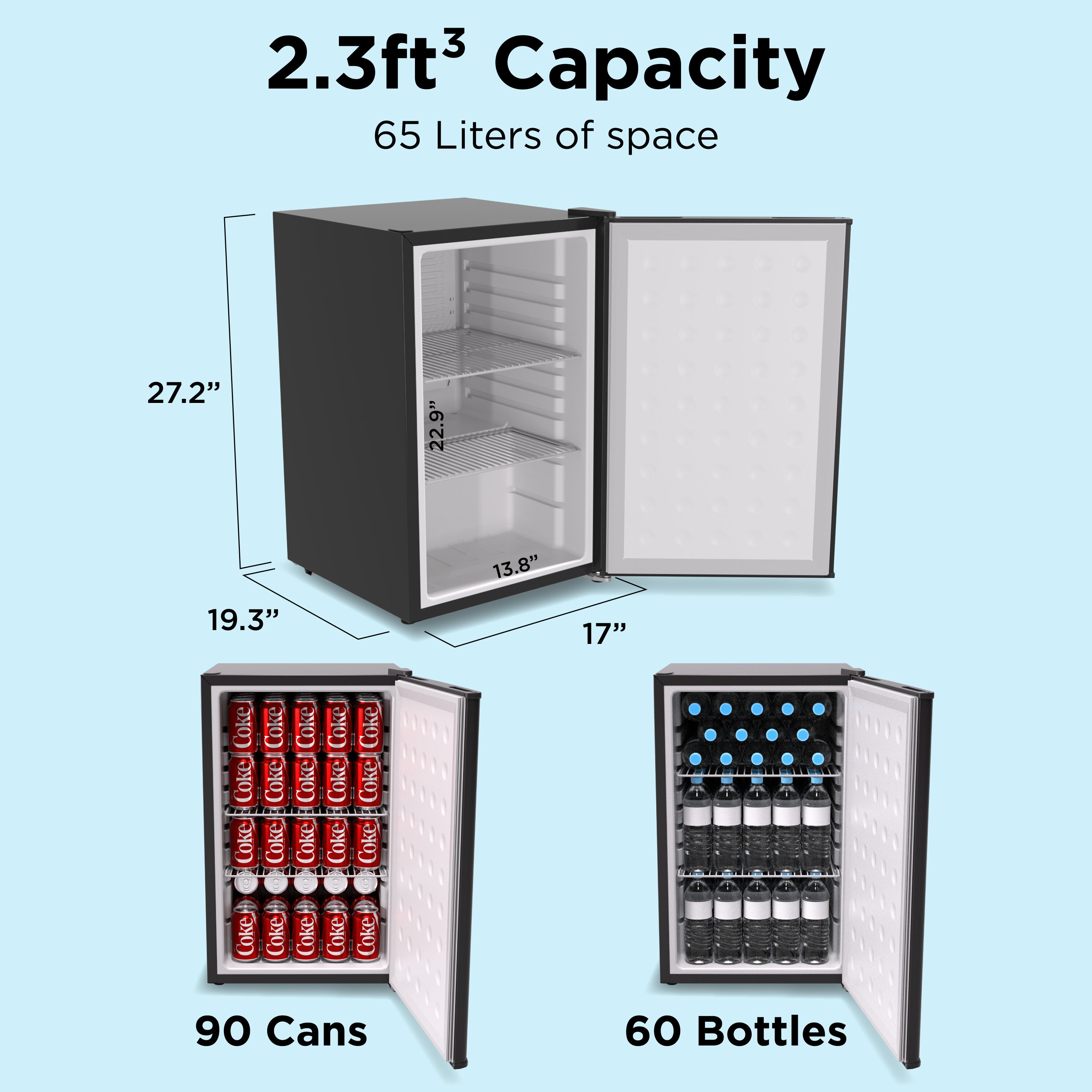 Refrigerador Mini de 2.3 Pies Cúbicos con Puerta Sólida de 65L a Prueba de Garaje de SnowLion Premium (Negro) OSFS014-BL
