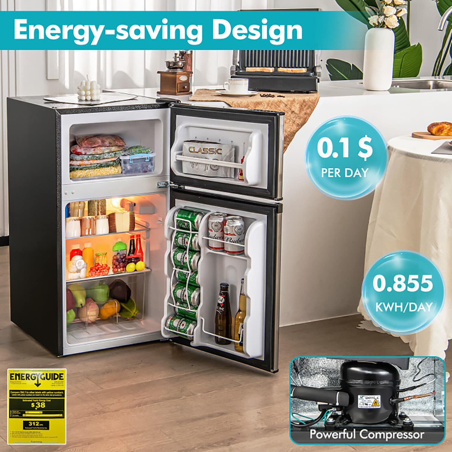 Refrigerador Mini Compacto de 3.2 pies cúbicos con congelador (Negro)