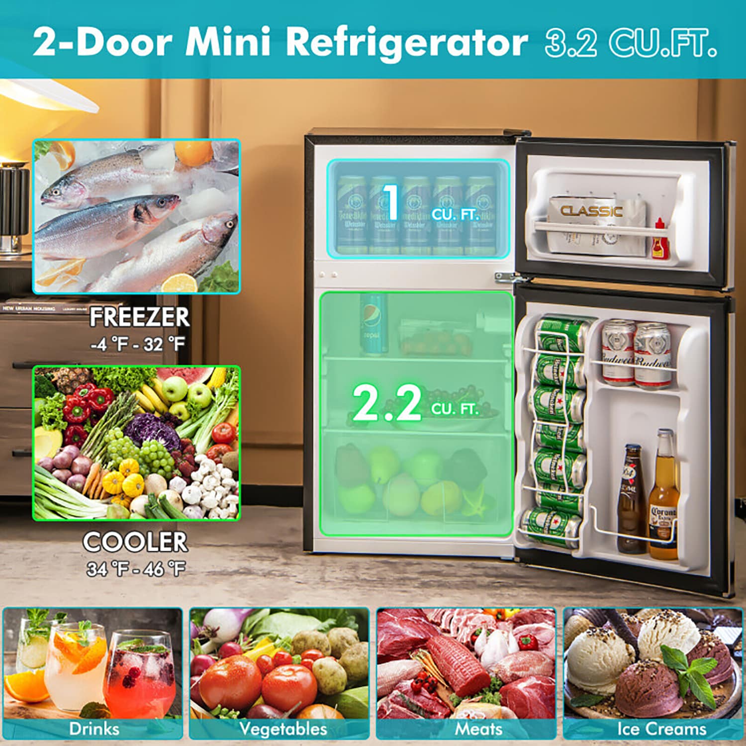 Refrigerador Mini Compacto de 3.2 pies cúbicos con congelador (Negro)