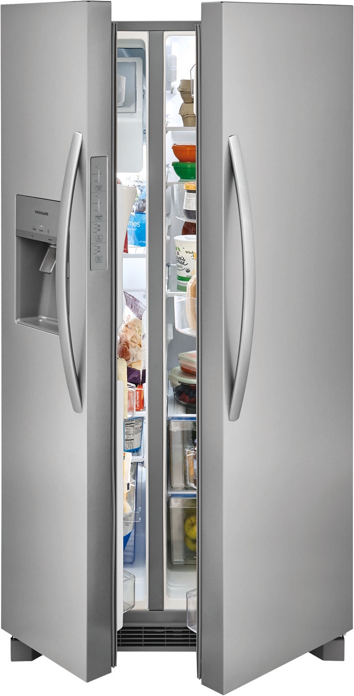 Refrigerador Frigidaire de 25.6 pies cúbicos con dispensador de hielo y agua (Acero inoxidable resistente a huellas dactilares) Certificado ENERGY STAR de lado a lado FRSS26L3AF