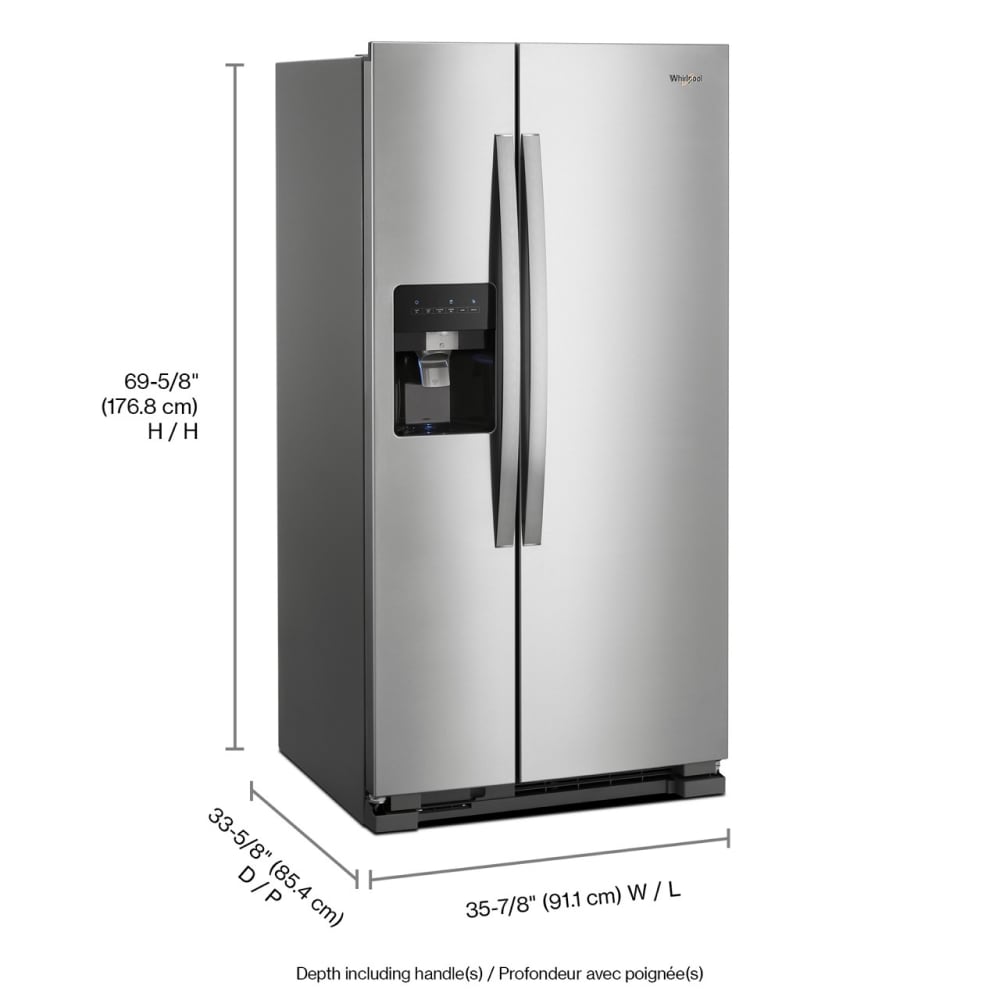 Refrigerador de 24.6 pies cúbicos con dispensador de hielo y agua (Acero inoxidable resistente a huellas dactilares) de lado a lado Whirlpool WRS315SDHZ