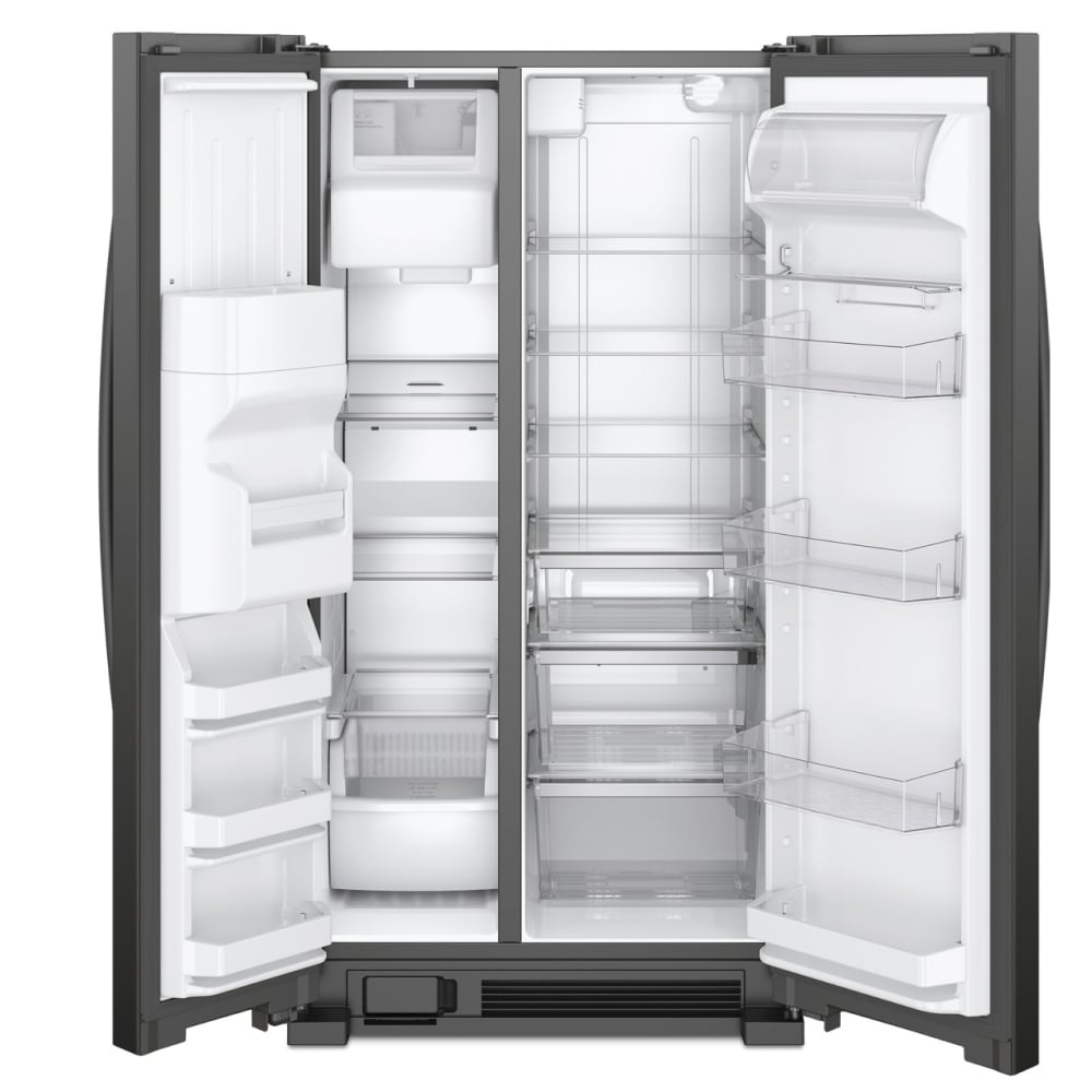 Refrigerador Whirlpool de 21.4 pies cúbicos con dispensador de hielo y agua en la puerta y cajón interior para latas, acabado negro resistente a huellas dactilares.