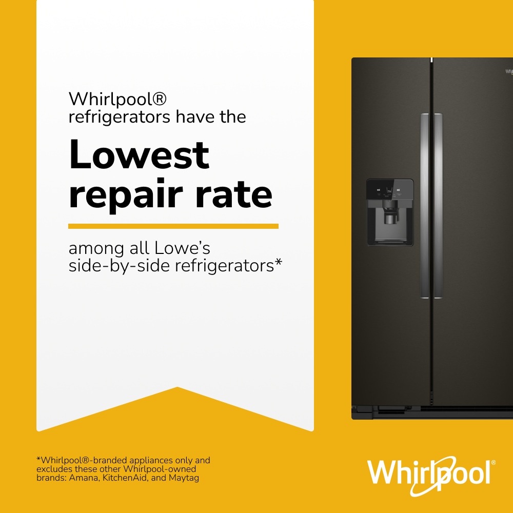 Refrigerador Whirlpool de 21.4 pies cúbicos con dispensador de hielo y agua en la puerta y cajón interior para latas, acabado negro resistente a huellas dactilares.