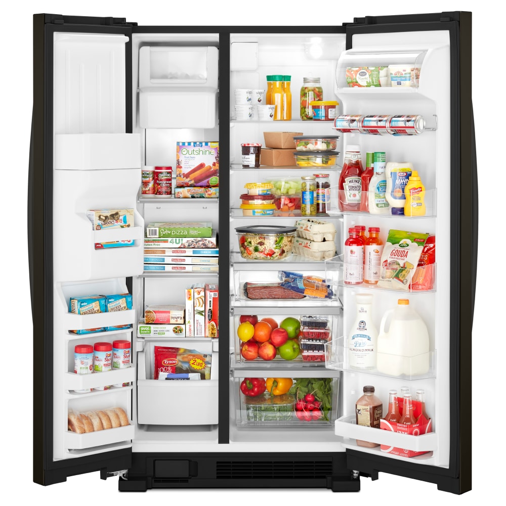 Refrigerador Whirlpool de 21.4 pies cúbicos con dispensador de hielo y agua en la puerta y cajón interior para latas, acabado negro resistente a huellas dactilares.