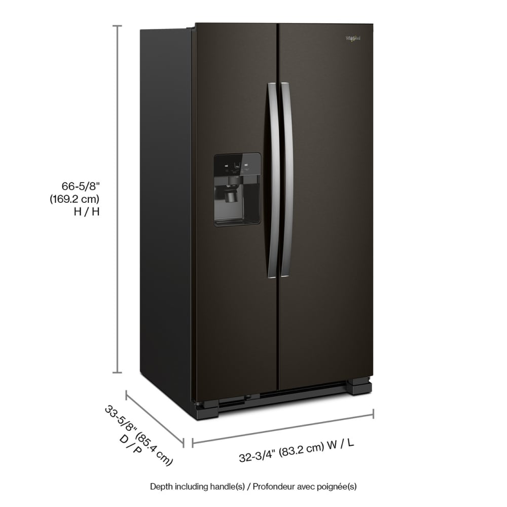 Refrigerador Whirlpool de 21.4 pies cúbicos con dispensador de hielo y agua en la puerta y cajón interior para latas, acabado negro resistente a huellas dactilares.