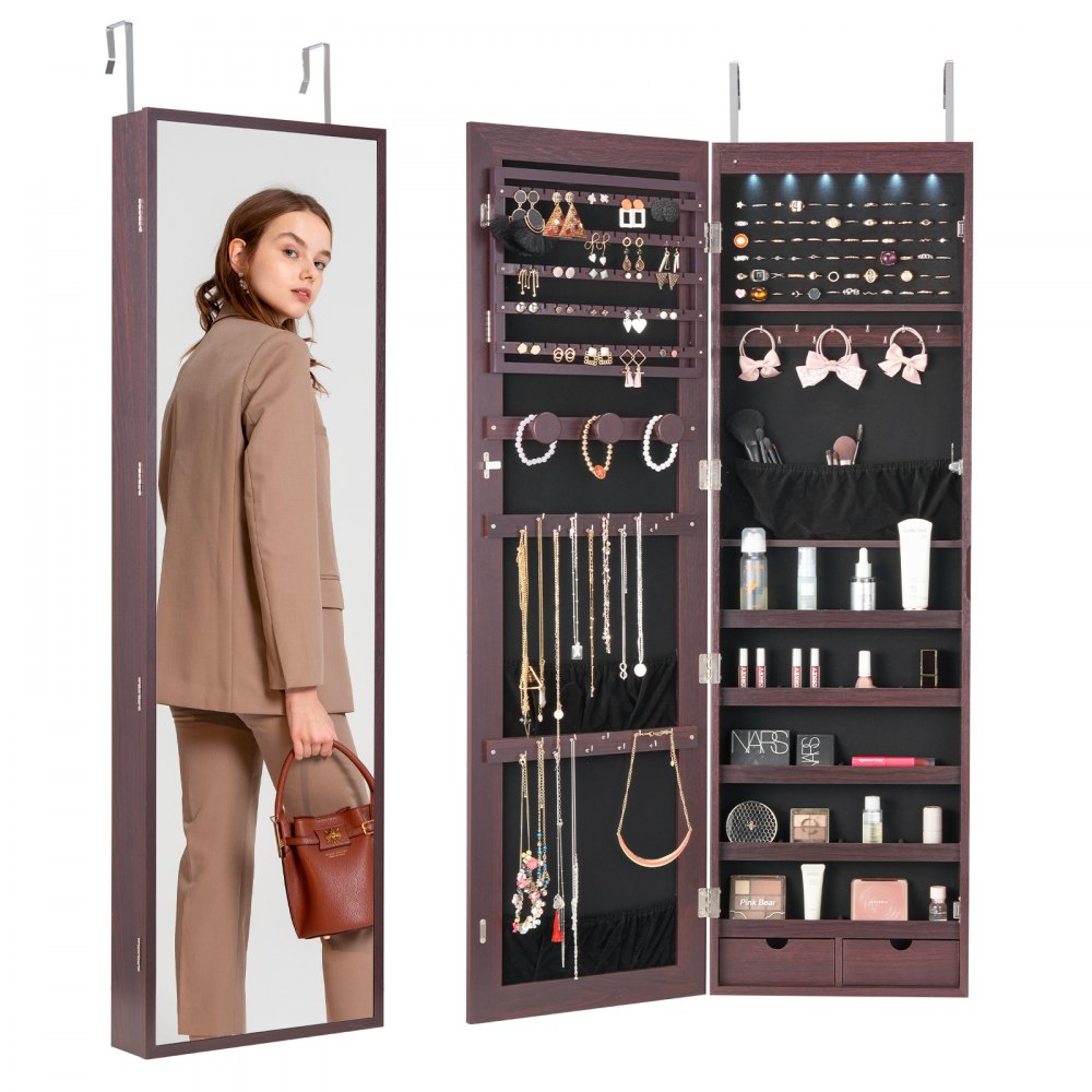 VEVOR Mirror Jewelry Cabinet 47.05in Lockable Wall or Door Mounted Armoire Brown - BGSZBSNJ1454WHFUXV9
