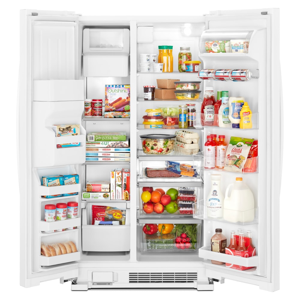 Refrigerador de lado a lado Whirlpool con dispensador de hielo, agua y caddy interior para latas - Blanco 21.4 pies cúbicos