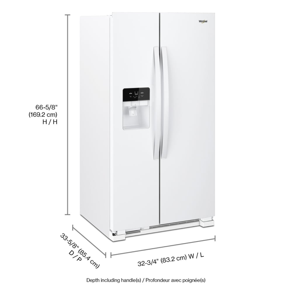 Refrigerador de lado a lado Whirlpool con dispensador de hielo, agua y caddy interior para latas - Blanco 21.4 pies cúbicos