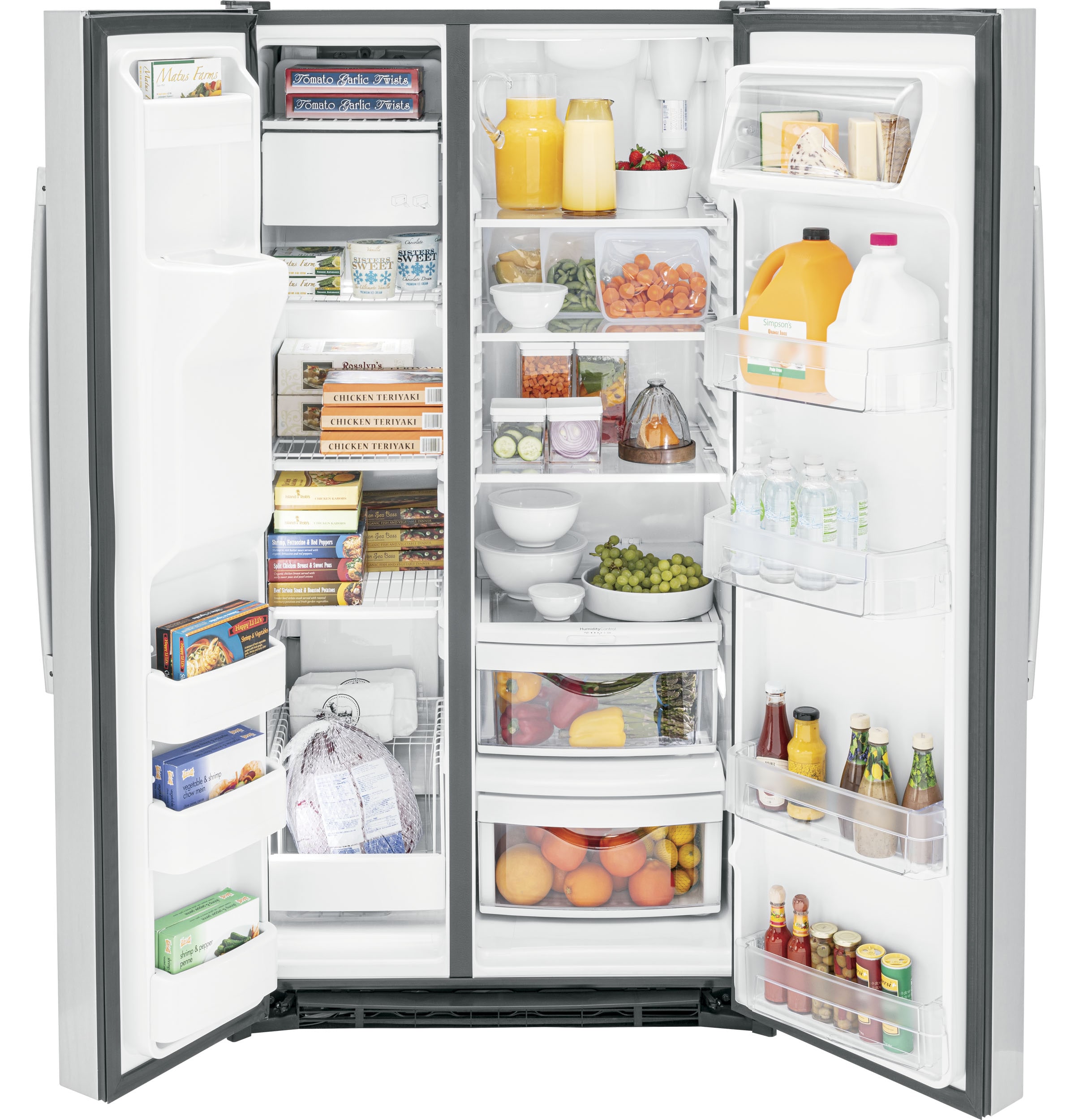 Refrigerador lado a lado de 25.3 pies cúbicos con dispensador de hielo y agua (acero inoxidable)