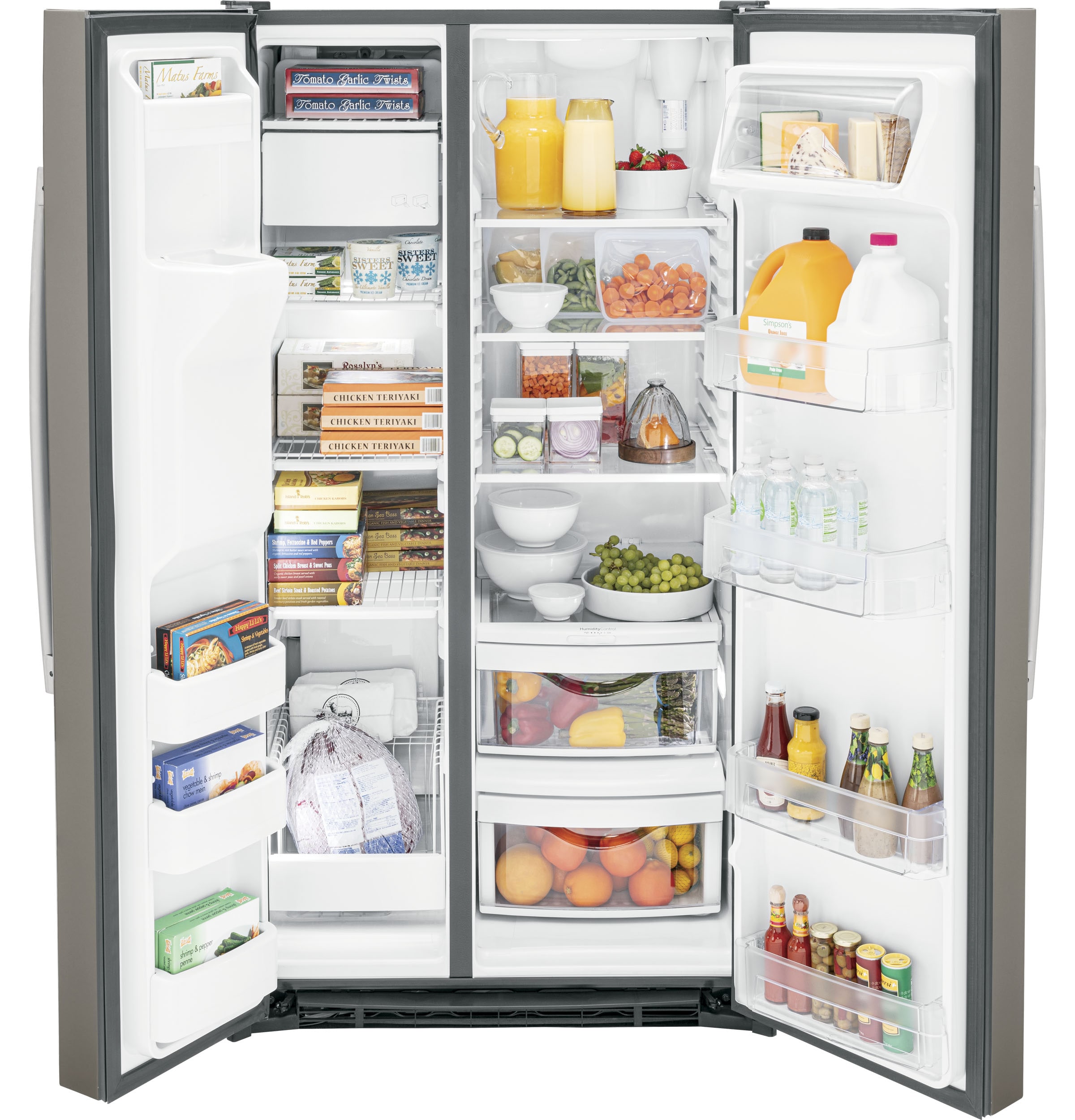 Refrigerador lado a lado de 25.3 pies cúbicos con dispensador de hielo y agua (gris pizarra)