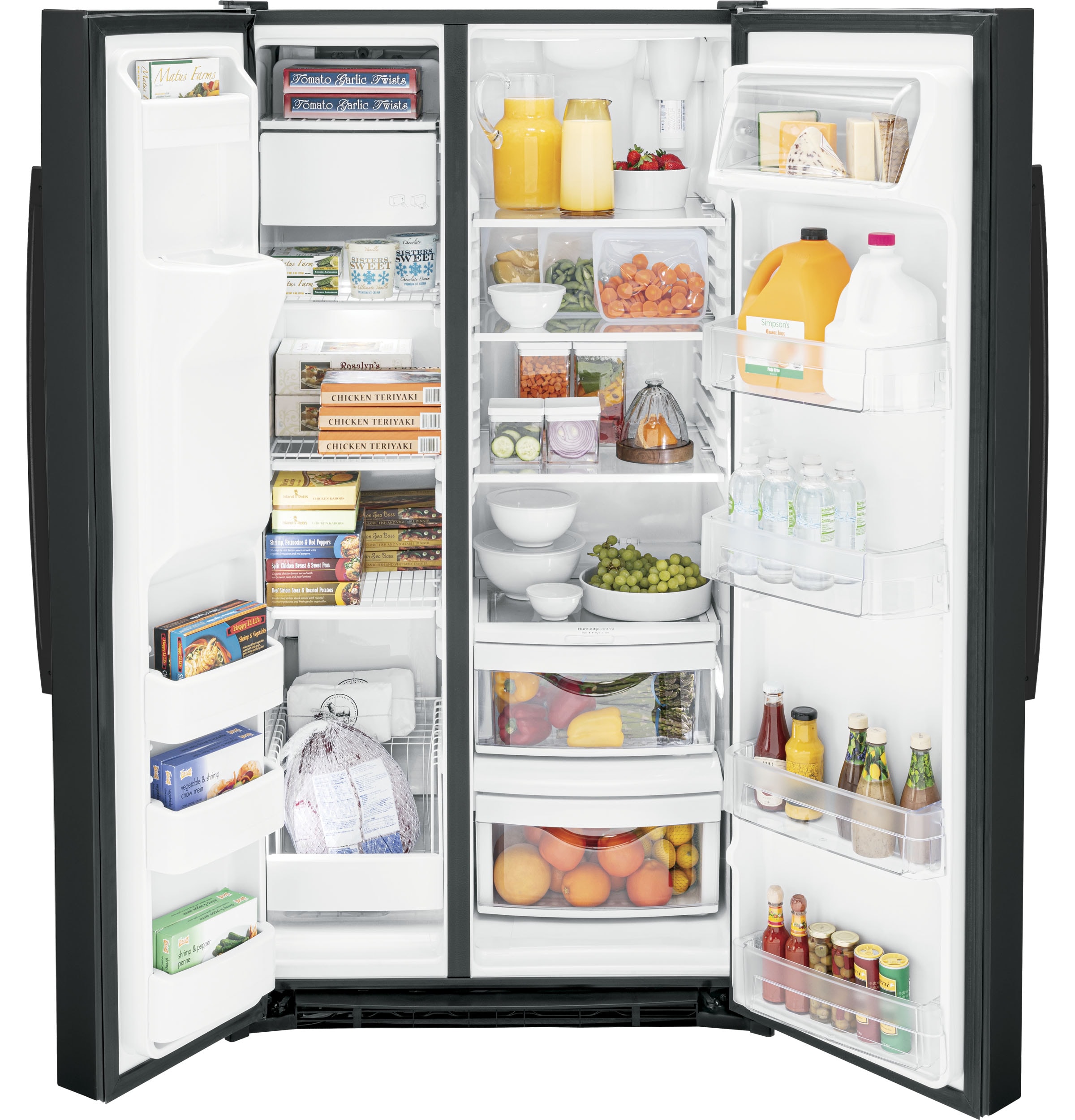 Refrigerador de 25.3 pies cúbicos lado a lado con dispensador de hielo y agua (negro)