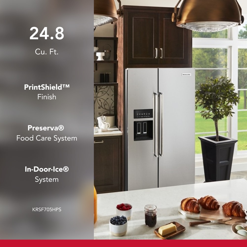Refrigerador Side-by-Side de 24.8 pies cúbicos con fabricador de hielo, dispensador de agua y hielo (acero inoxidable con acabado PRINTSHIELD) certificado ENERGY STAR KRSF705HPS