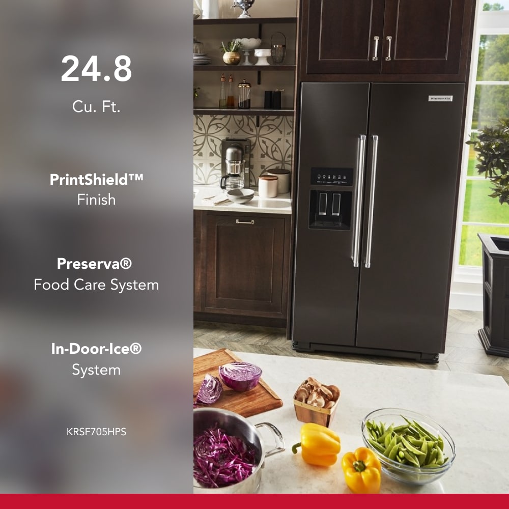 Refrigerador de lado a lado de 24.8 pies cúbicos de KitchenAid con fabricador de hielo, dispensador de agua y hielo (acabado en acero inoxidable negro con PRINTSHIELD) Certificado ENERGY STAR KRSF705HBS