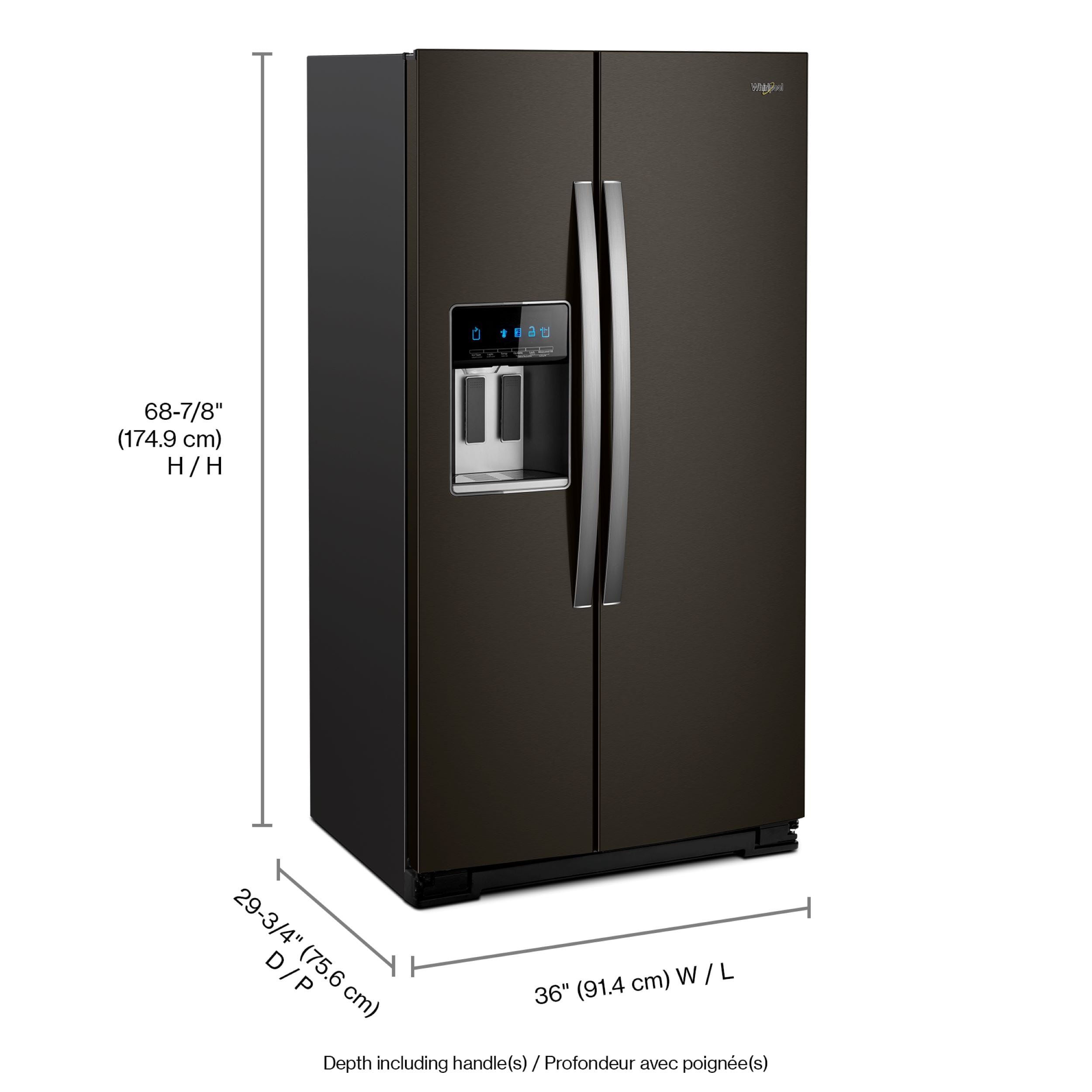 Refrigerador Side by Side Whirlpool de 20.6 pies cúbicos con dispensador de hielo y agua (acero inoxidable negro resistente a huellas) de profundidad de mostrador