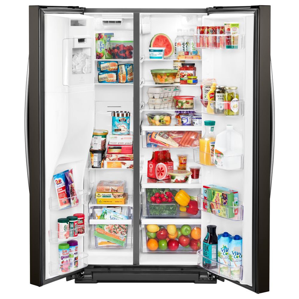 Refrigerador Side by Side Whirlpool de 20.6 pies cúbicos con dispensador de hielo y agua (acero inoxidable negro resistente a huellas) de profundidad de mostrador