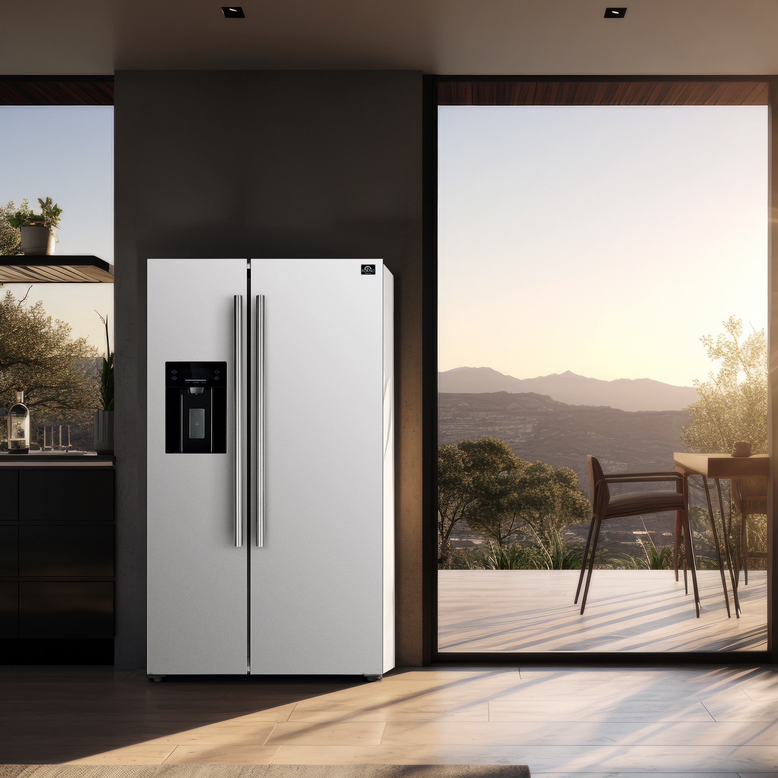 Refrigerador de lado a lado con dispensador de hielo y agua, de 20 pies cúbicos de capacidad, de profundidad nivelada, en color blanco, certificado ENERGY STAR FFRBI1844-36WHT de FORNO Salerno.