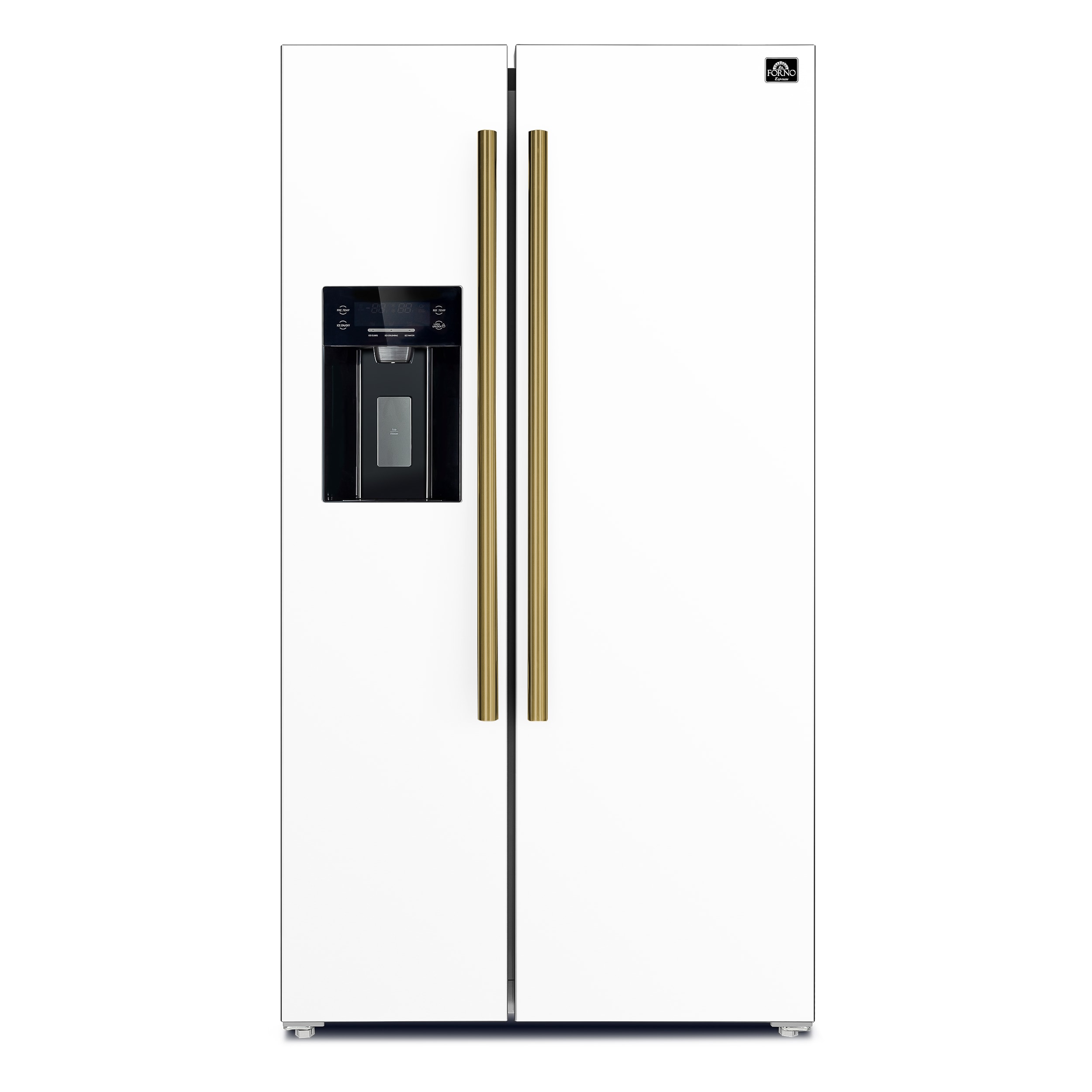 Refrigerador de lado a lado con dispensador de hielo y agua, de 20 pies cúbicos de capacidad, de profundidad nivelada, en color blanco, certificado ENERGY STAR FFRBI1844-36WHT de FORNO Salerno.