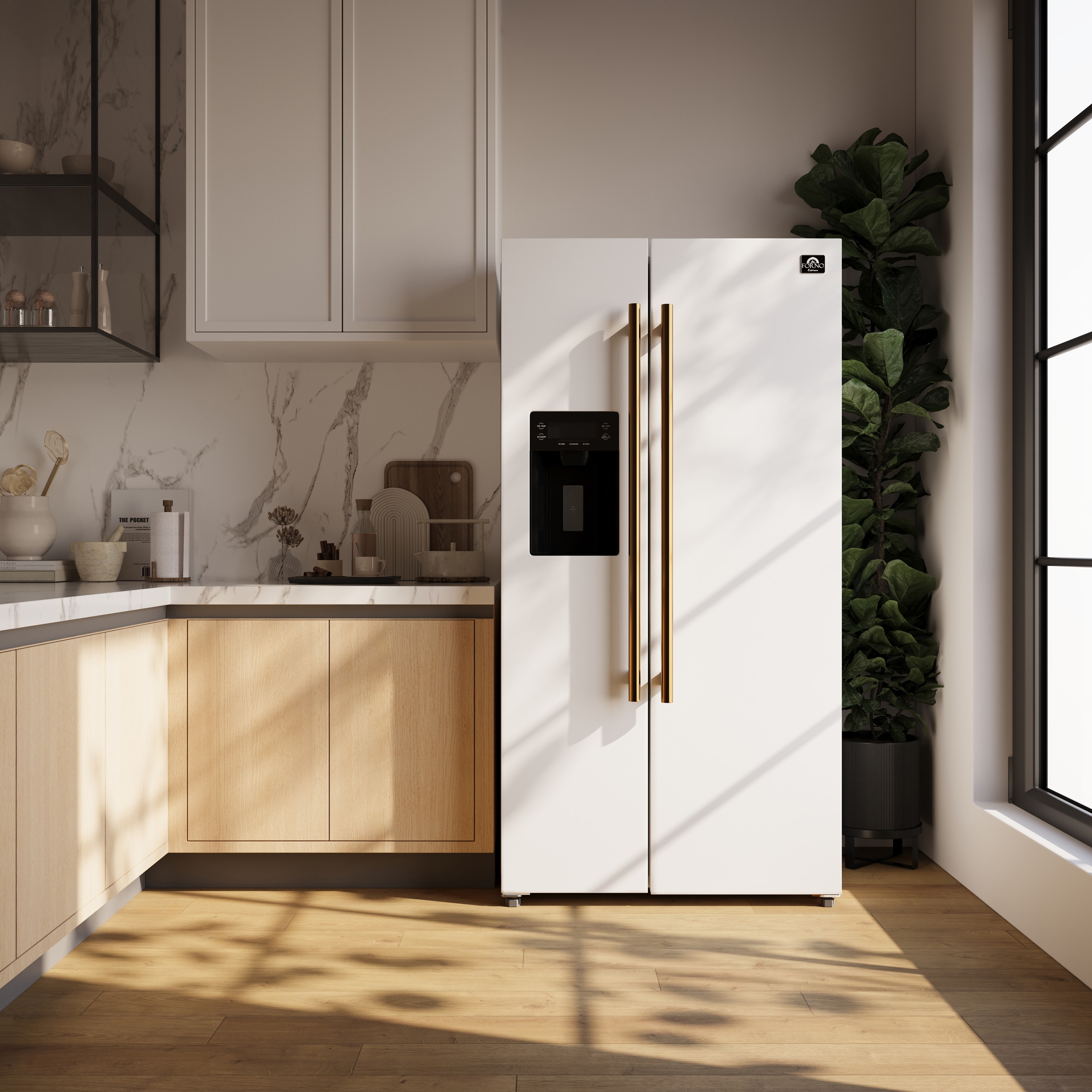 Refrigerador de lado a lado con dispensador de hielo y agua, de 20 pies cúbicos de capacidad, de profundidad nivelada, en color blanco, certificado ENERGY STAR FFRBI1844-36WHT de FORNO Salerno.