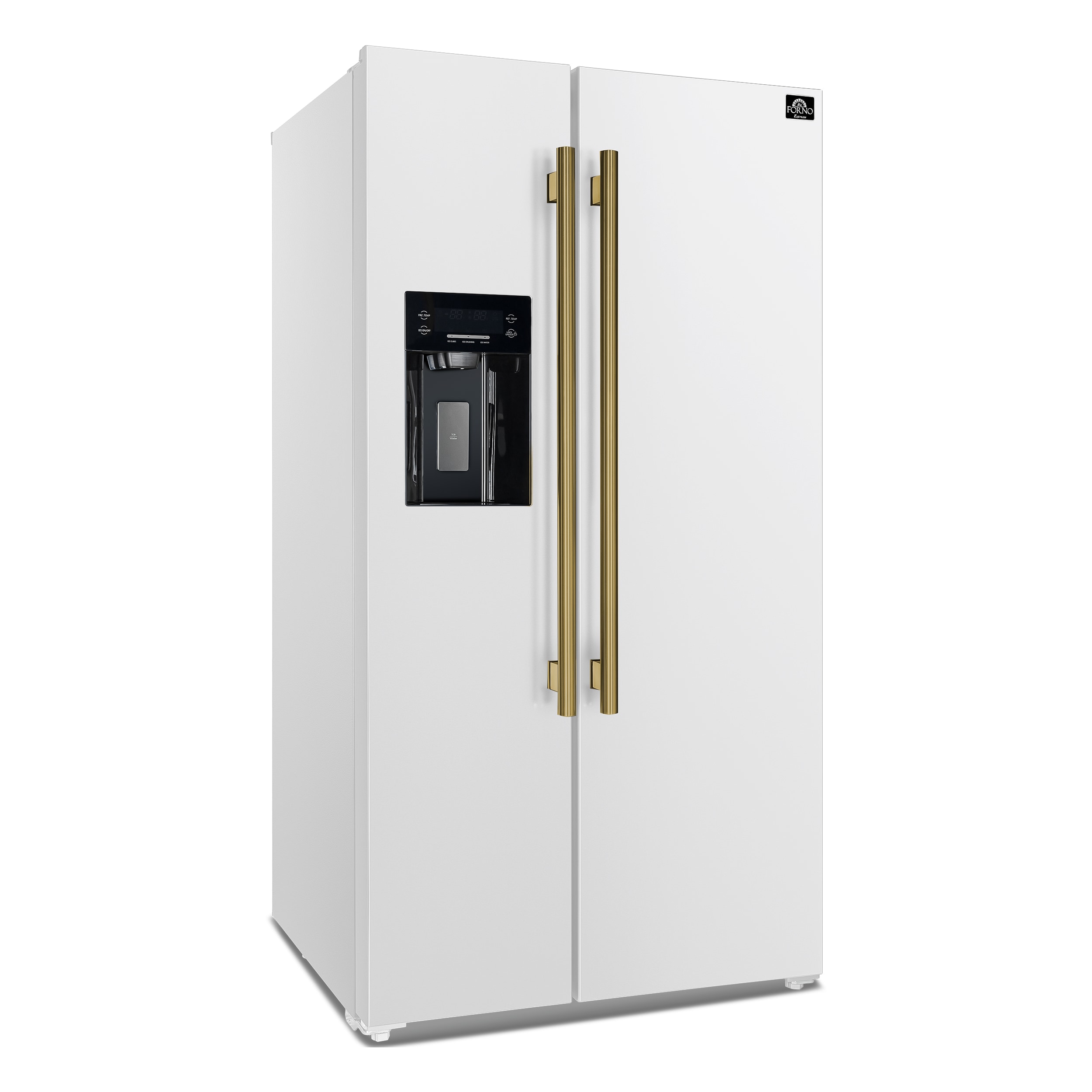 Refrigerador de lado a lado con dispensador de hielo y agua, de 20 pies cúbicos de capacidad, de profundidad nivelada, en color blanco, certificado ENERGY STAR FFRBI1844-36WHT de FORNO Salerno.
