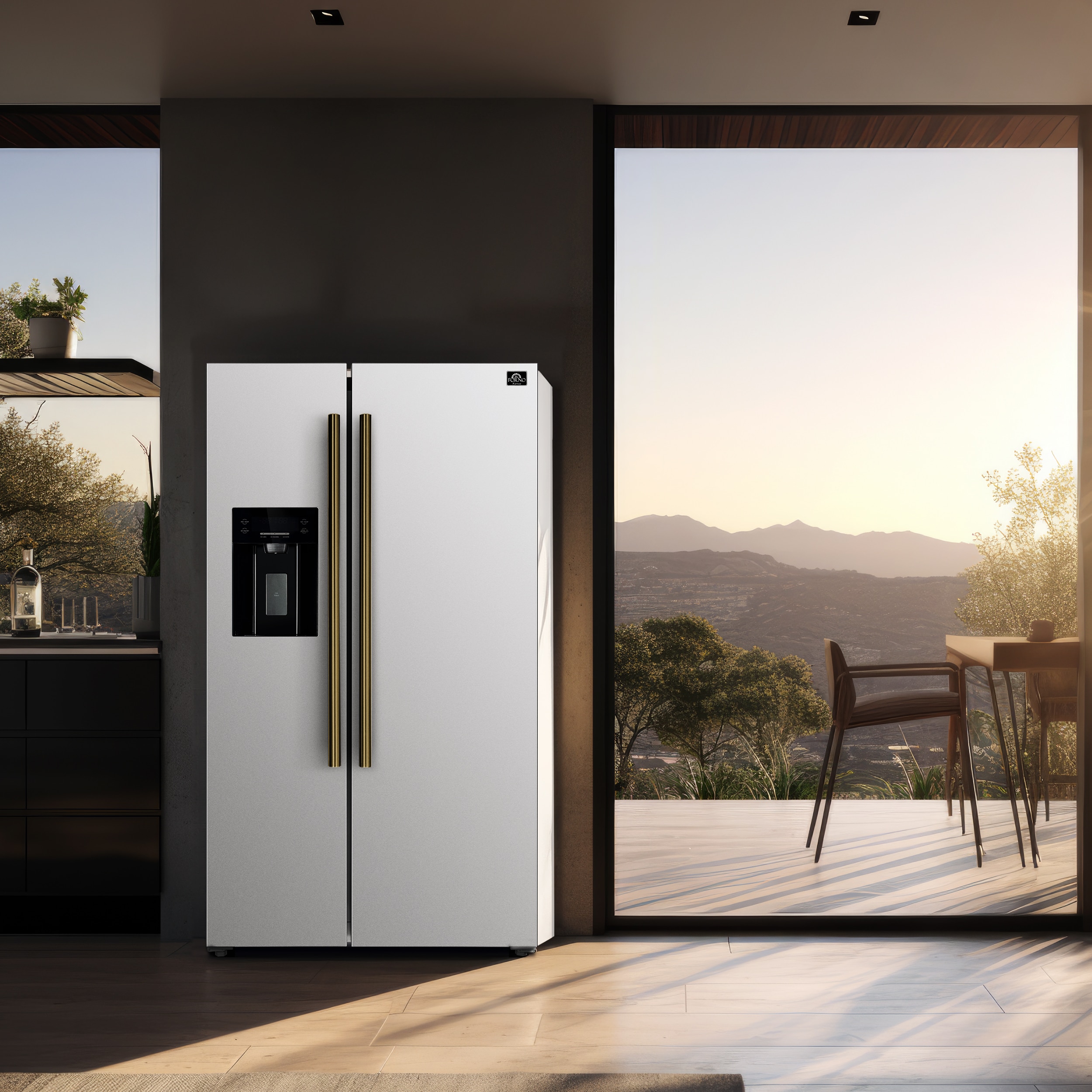 Refrigerador de lado a lado con dispensador de hielo y agua, de 20 pies cúbicos de capacidad, de profundidad nivelada, en color blanco, certificado ENERGY STAR FFRBI1844-36WHT de FORNO Salerno.
