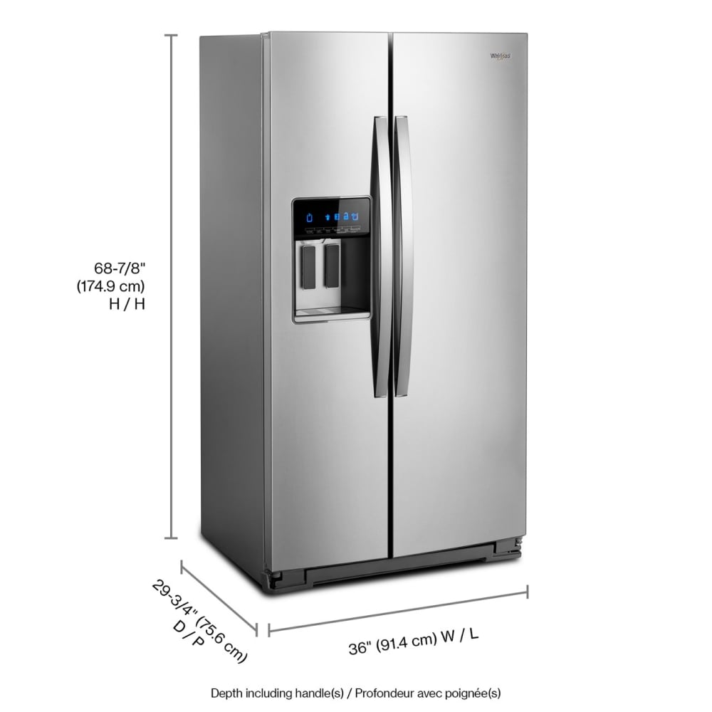 Refrigerador de estilo americano con despachador de agua y hielo, 20.6 pies cúbicos de capacidad, acabado en acero inoxidable resistente a las huellas dactilares.
