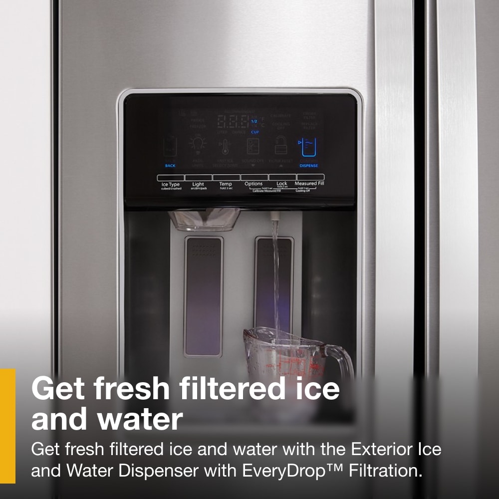 Refrigerador de estilo americano con despachador de agua y hielo, 20.6 pies cúbicos de capacidad, acabado en acero inoxidable resistente a las huellas dactilares.