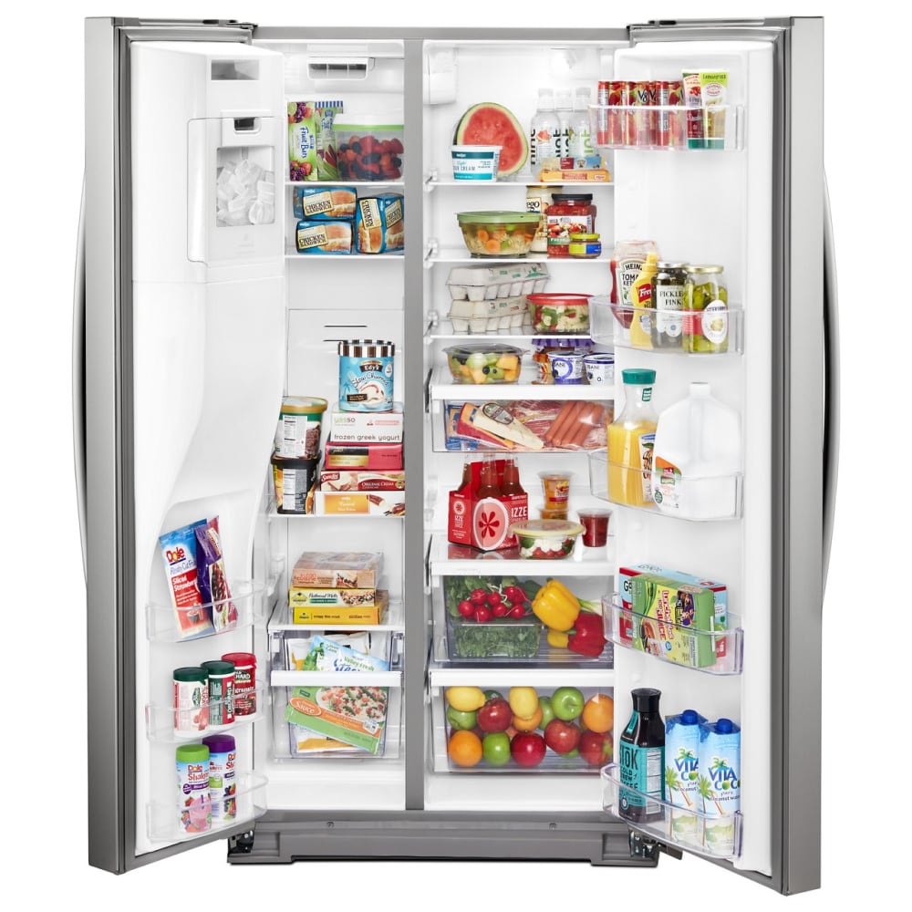 Refrigerador de estilo americano con despachador de agua y hielo, 20.6 pies cúbicos de capacidad, acabado en acero inoxidable resistente a las huellas dactilares.