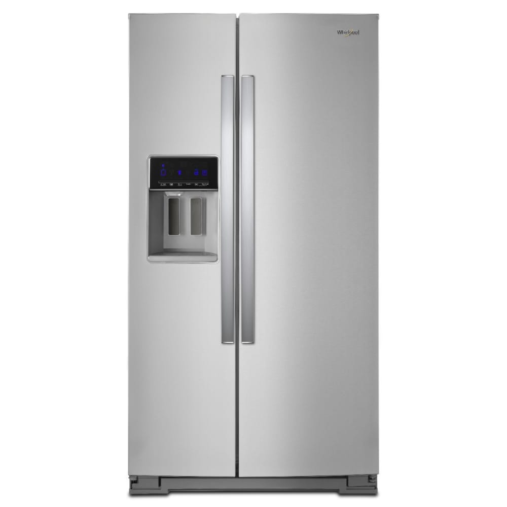 Refrigerador de estilo americano con despachador de agua y hielo, 20.6 pies cúbicos de capacidad, acabado en acero inoxidable resistente a las huellas dactilares.