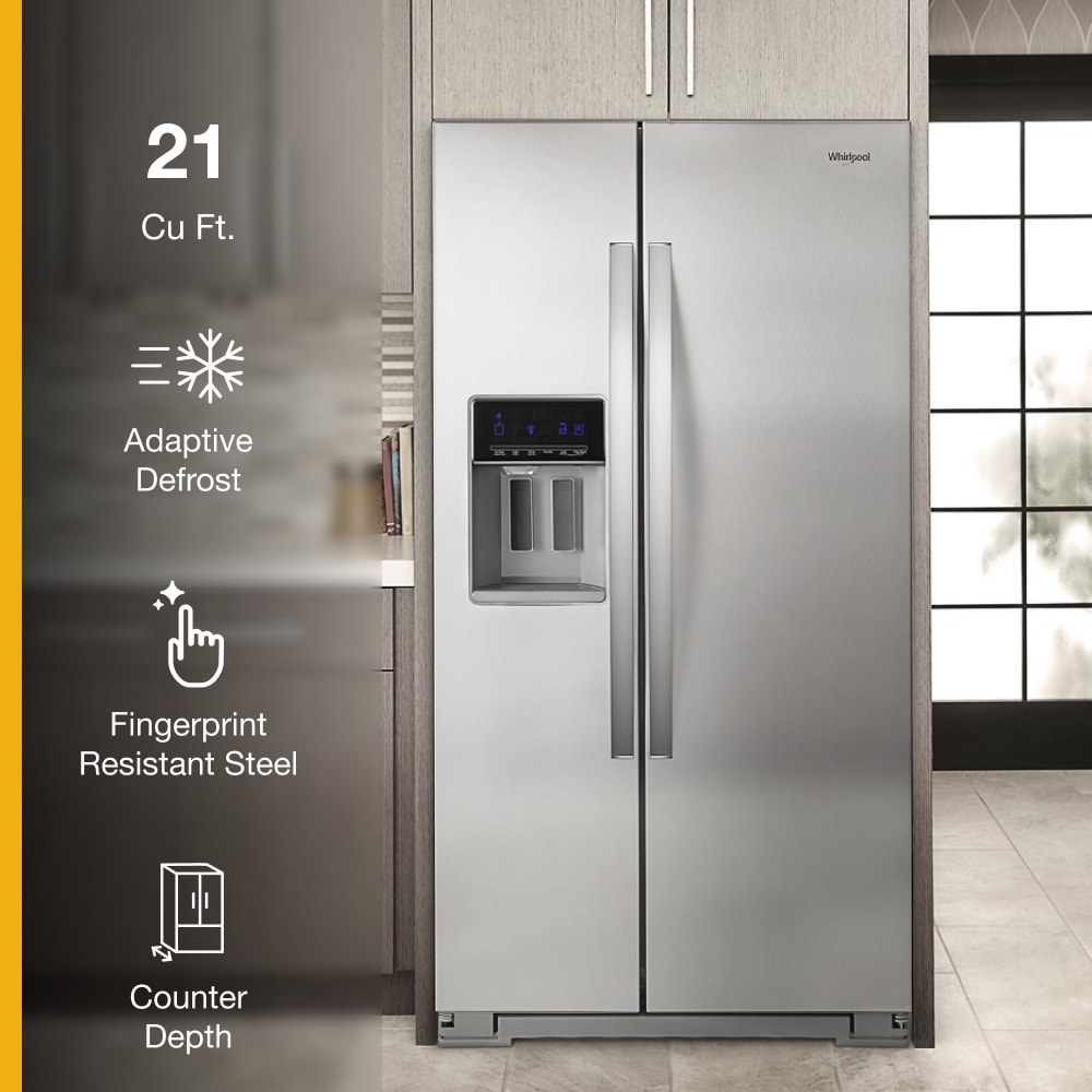 Refrigerador de estilo americano con despachador de agua y hielo, 20.6 pies cúbicos de capacidad, acabado en acero inoxidable resistente a las huellas dactilares.