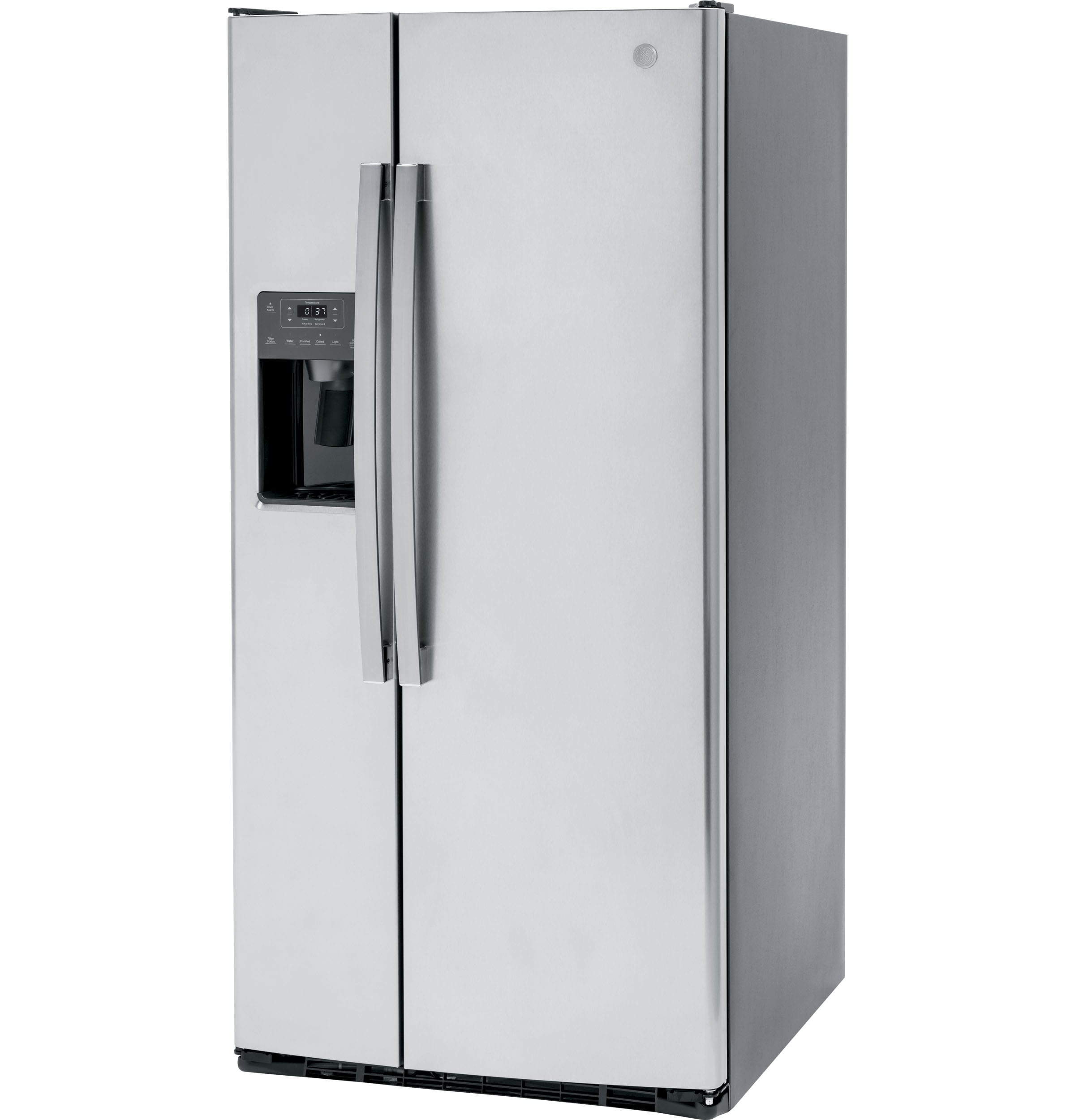 Refrigerador de 23 pies cúbicos de acero inoxidable con despachador de hielo y agua, Certificado ENERGY STAR, estilo lado a lado de GE.