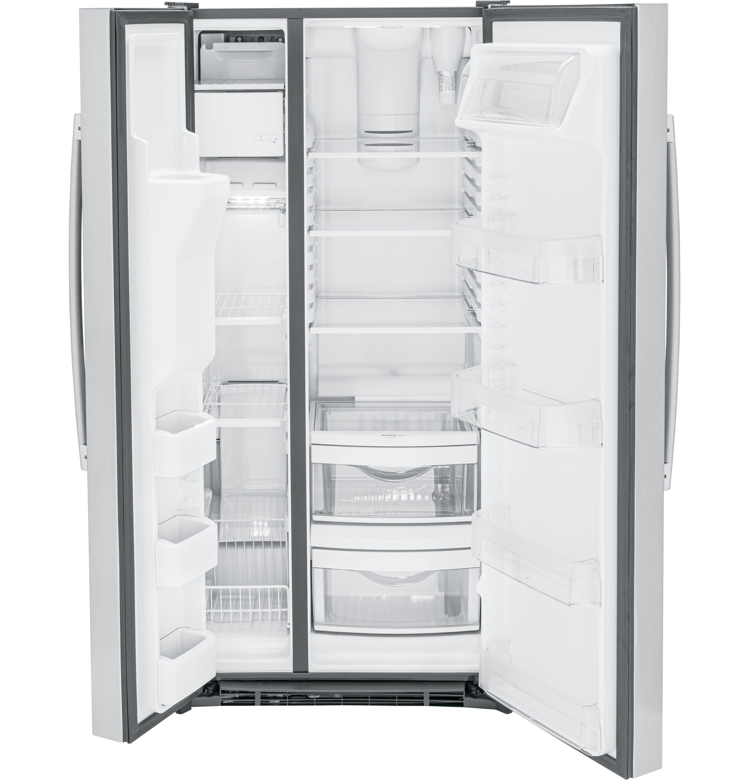 Refrigerador de 23 pies cúbicos de acero inoxidable con despachador de hielo y agua, Certificado ENERGY STAR, estilo lado a lado de GE.