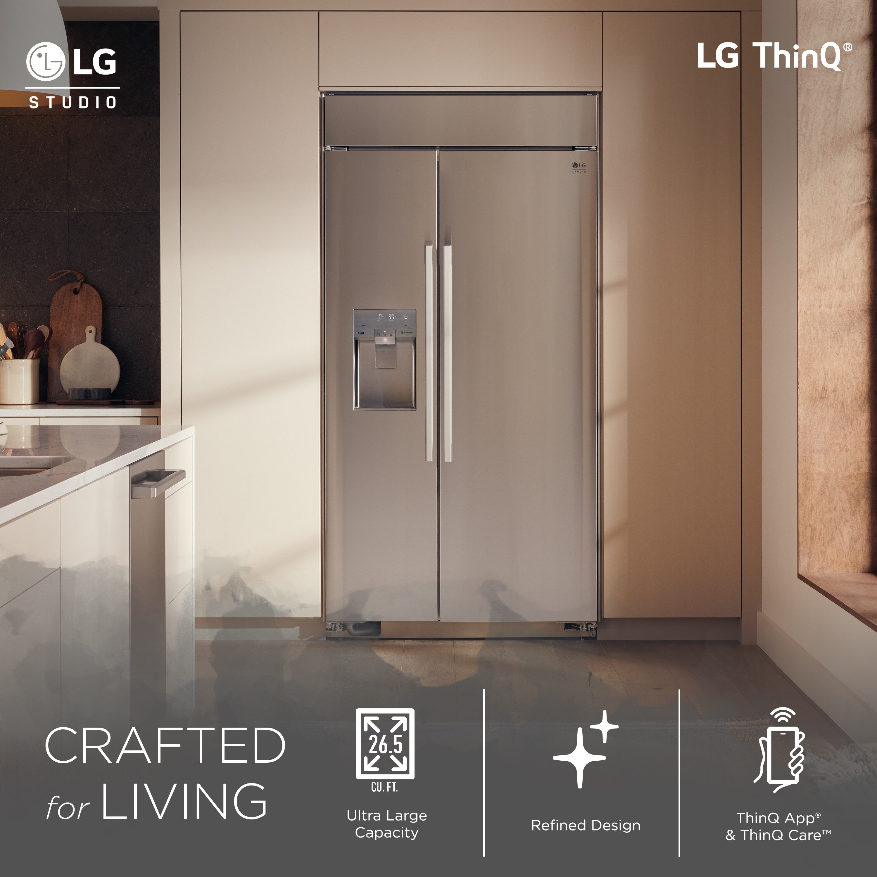 Refrigerador empotrable de puerta a puerta de 25.6 pies cúbicos de LG STUDIO con inteligencia integrada y compatible con fabricador de hielo, dispensador de agua y hielo (Acero inoxidable)