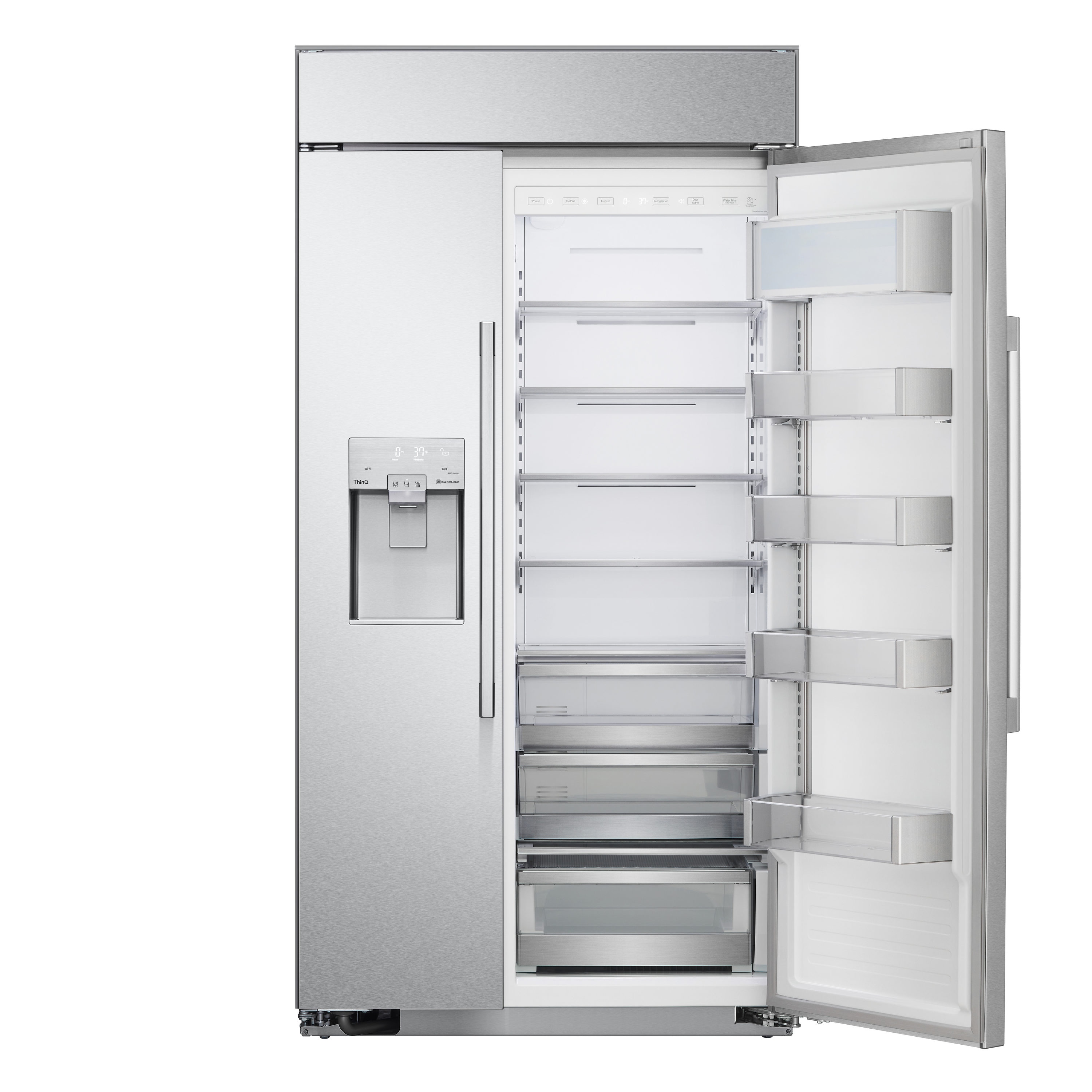 Refrigerador empotrable de puerta a puerta de 25.6 pies cúbicos de LG STUDIO con inteligencia integrada y compatible con fabricador de hielo, dispensador de agua y hielo (Acero inoxidable)