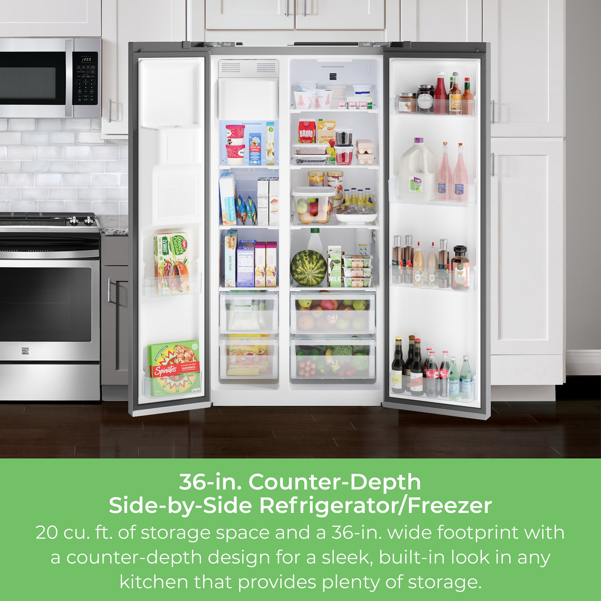 Refrigerador Side-by-Side de 20 pies cúbicos de profundidad de mostrador con fabricador de hielo, dispensador de agua e hielo (acero inoxidable) Certificado ENERGY STAR