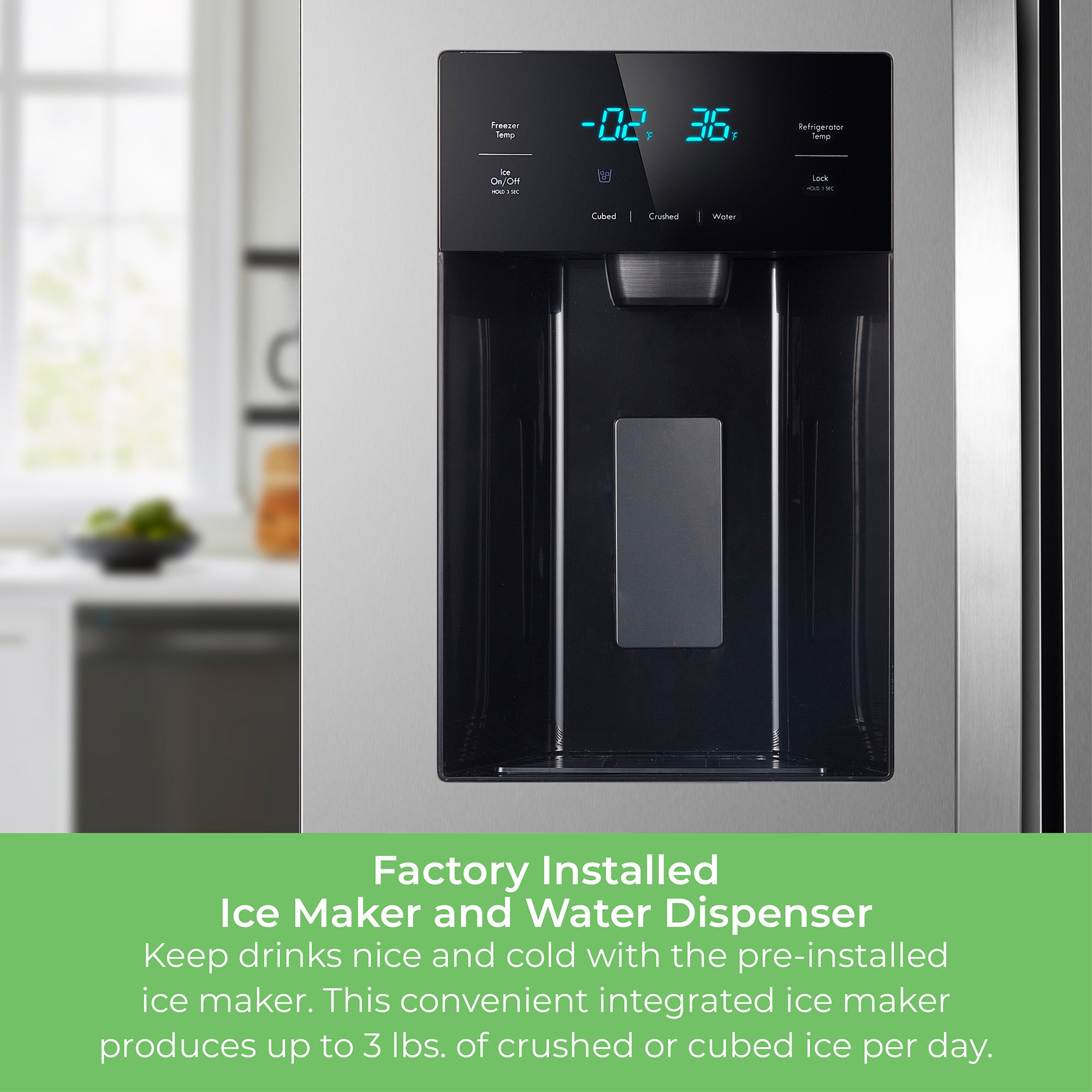 Refrigerador Side-by-Side de 20 pies cúbicos de profundidad de mostrador con fabricador de hielo, dispensador de agua e hielo (acero inoxidable) Certificado ENERGY STAR